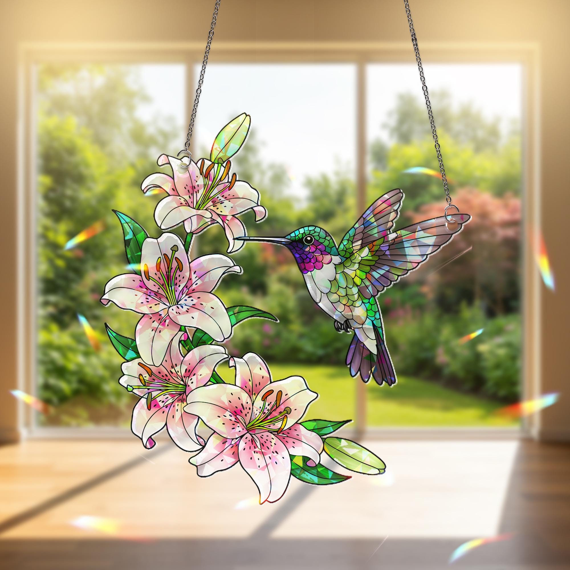 Hummingbird and Lily Suncatcher, Holographic Acrylic Window Decor, Pink Stargazer Floral Gift, Spring Garden Hanging Art, Garden Decor