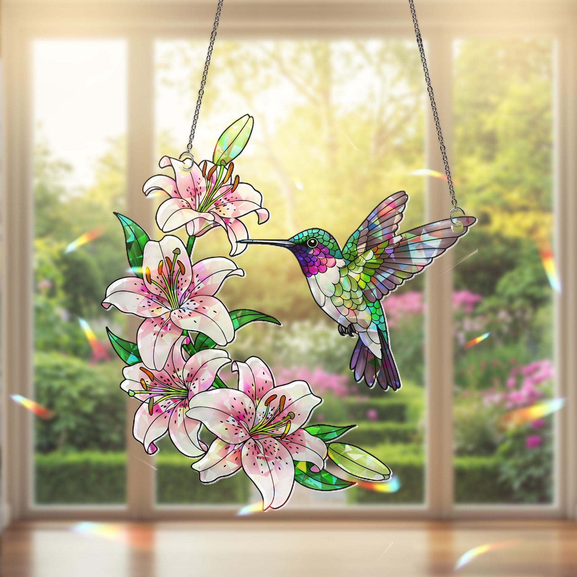 Hummingbird and Lily Suncatcher, Holographic Acrylic Window Decor, Pink Stargazer Floral Gift, Spring Garden Hanging Art, Garden Decor