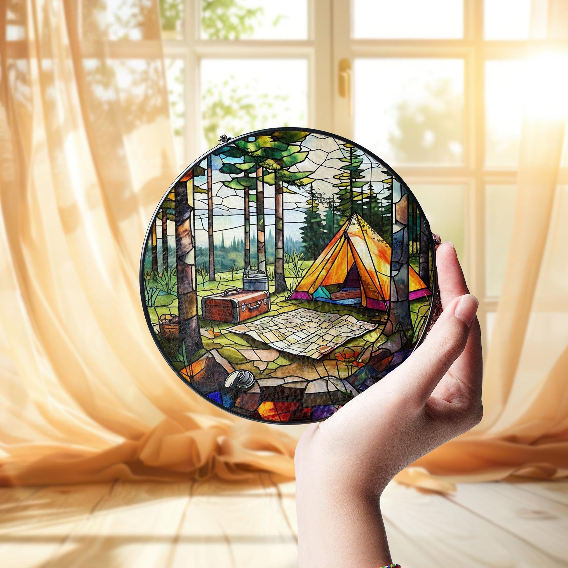 Camping Scene Glass Suncatcher – Forest Tent Window Decor, Nature Lover Gift, Outdoor Adventure Stained Glass Art Panel