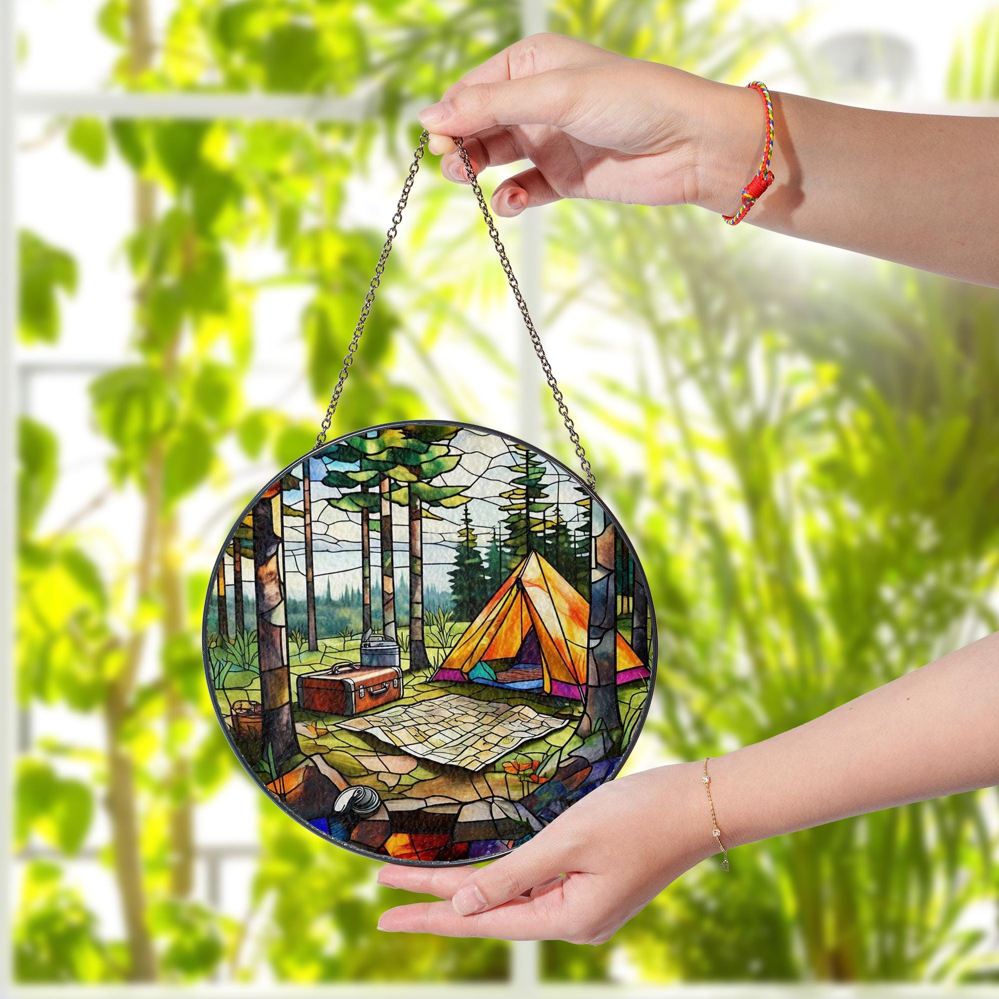 Camping Scene Glass Suncatcher – Forest Tent Window Decor, Nature Lover Gift, Outdoor Adventure Stained Glass Art Panel