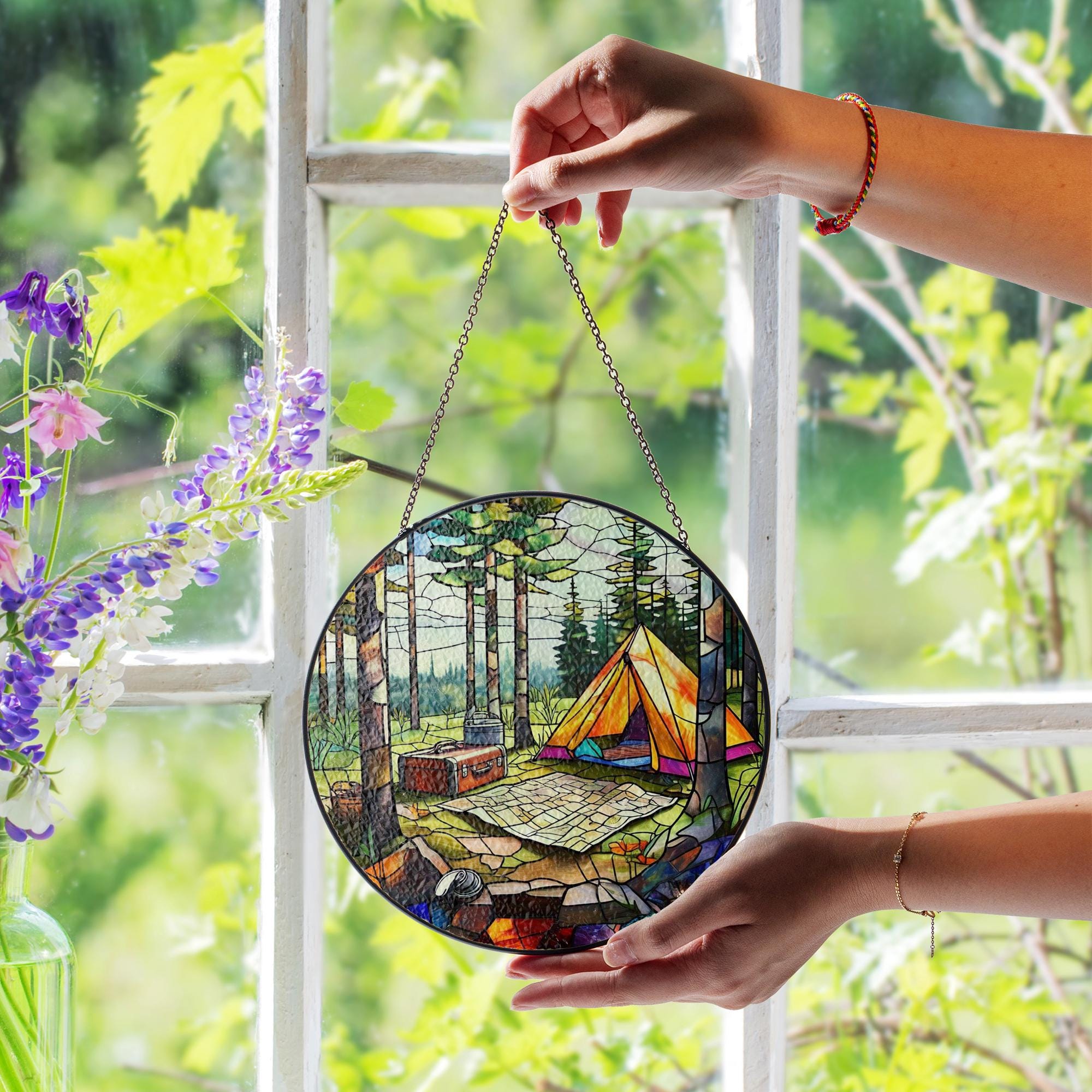 Camping Scene Glass Suncatcher – Forest Tent Window Decor, Nature Lover Gift, Outdoor Adventure Stained Glass Art Panel