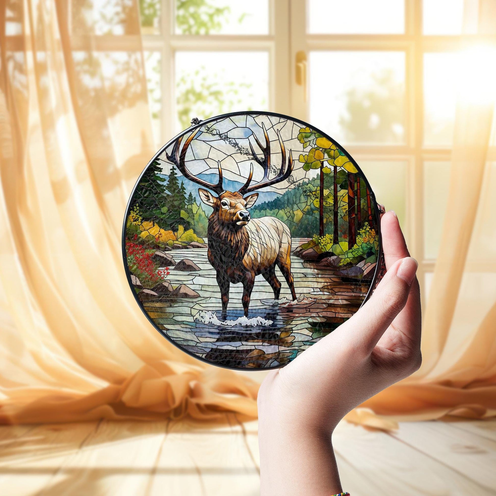 Majestic Elk Glass Suncatcher – Nature Wildlife Window Decor, Rustic Cabin Art Panel, Forest Animal Stained Glass Gift