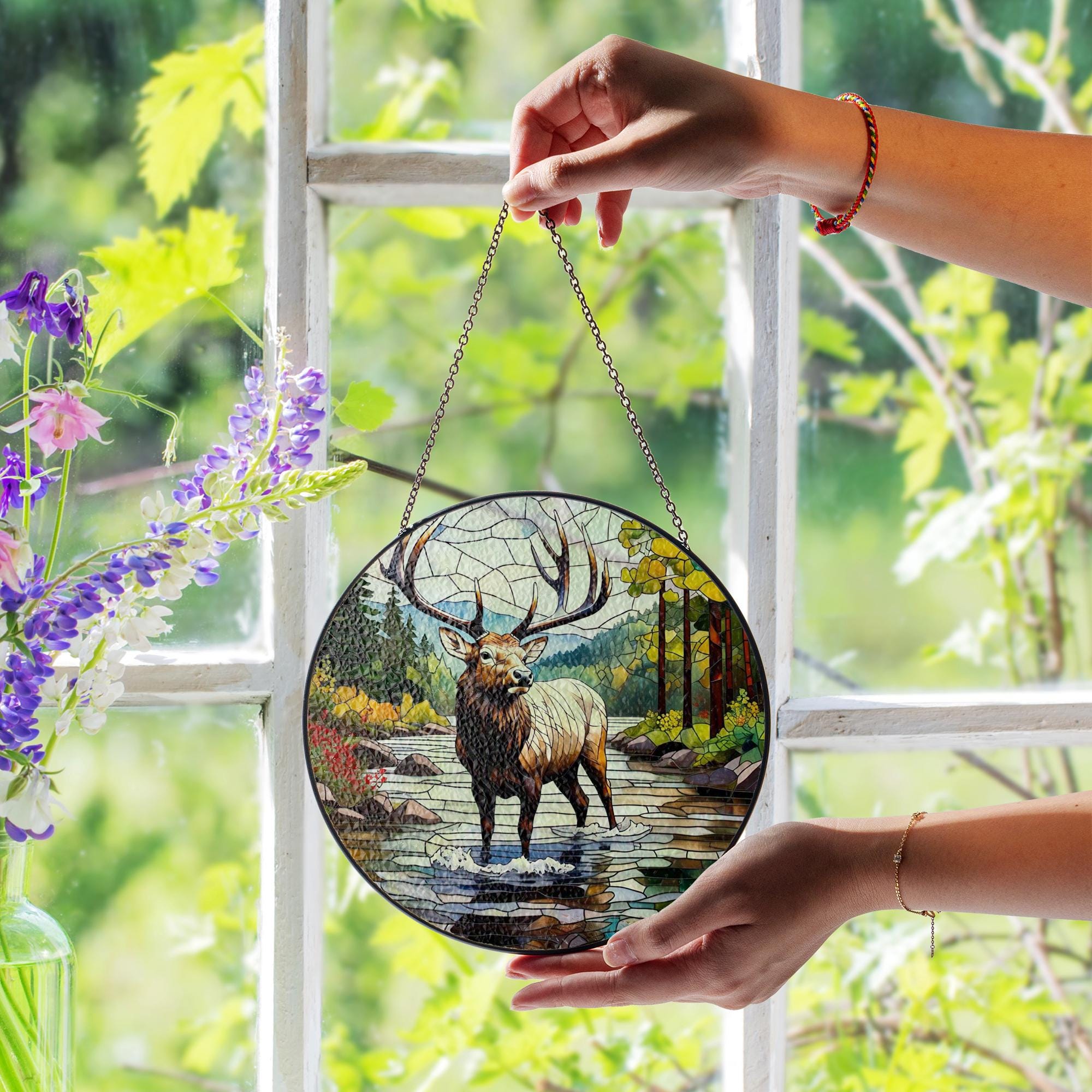 Majestic Elk Glass Suncatcher – Nature Wildlife Window Decor, Rustic Cabin Art Panel, Forest Animal Stained Glass Gift