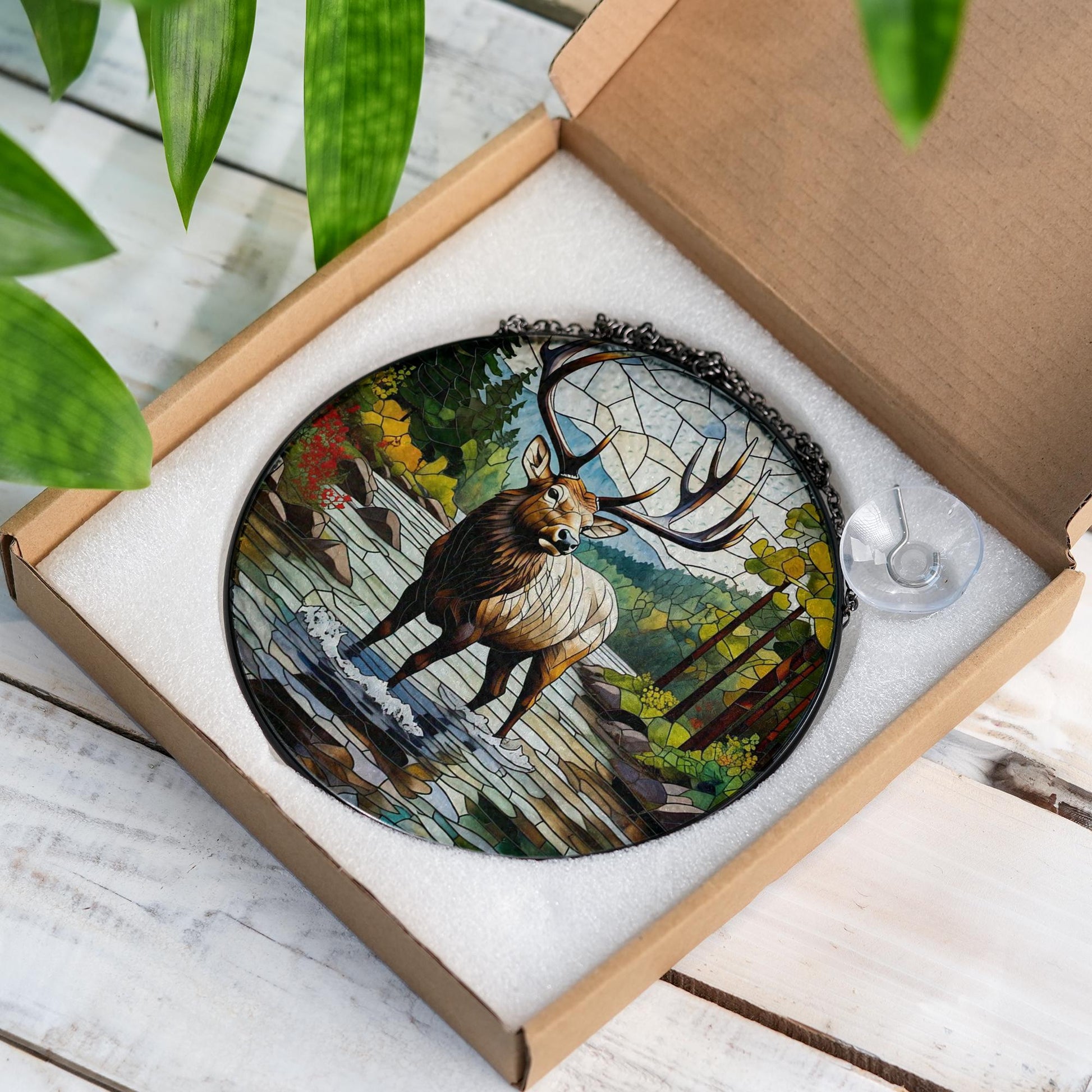 Majestic Elk Glass Suncatcher – Nature Wildlife Window Decor, Rustic Cabin Art Panel, Forest Animal Stained Glass Gift