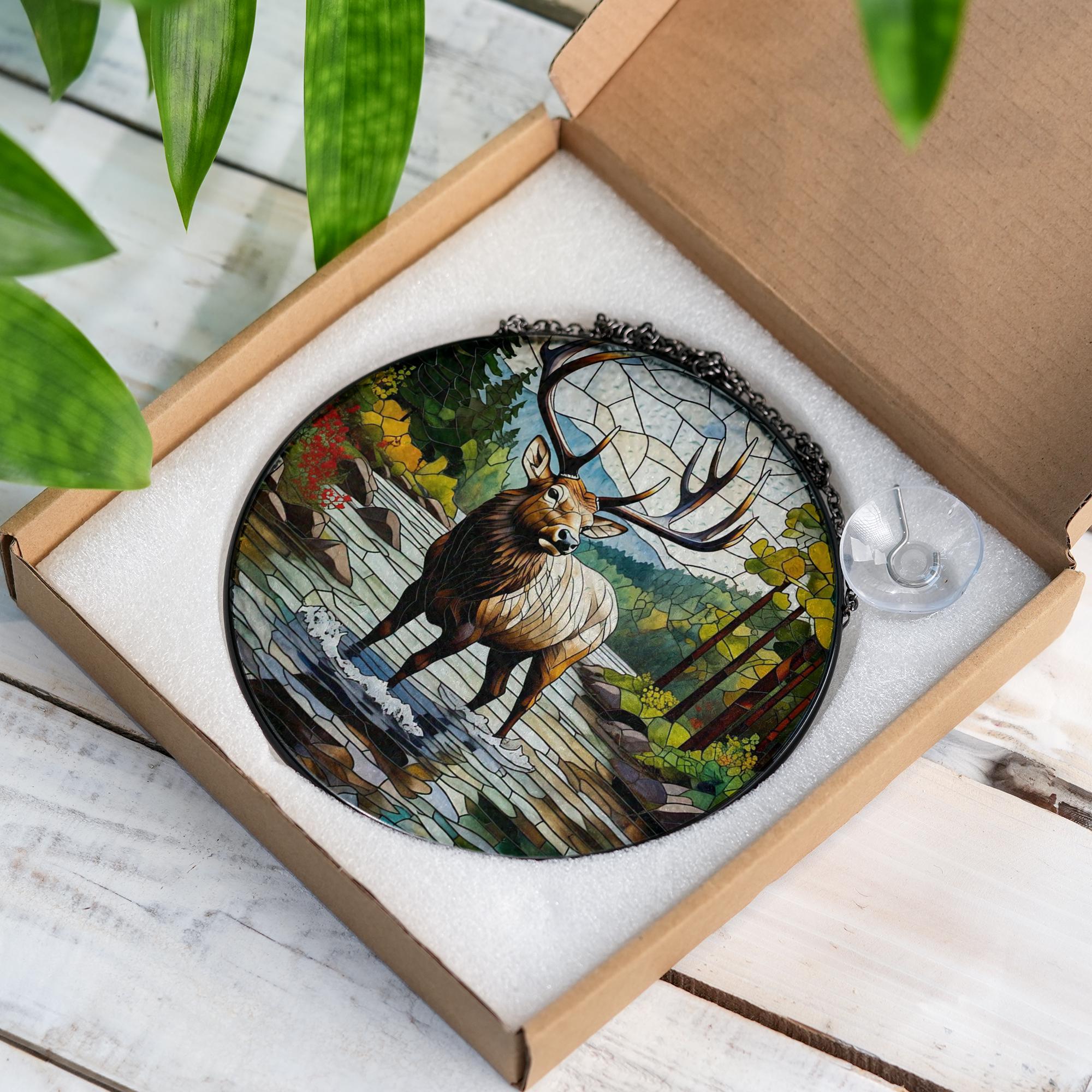 Majestic Elk Glass Suncatcher – Nature Wildlife Window Decor, Rustic Cabin Art Panel, Forest Animal Stained Glass Gift