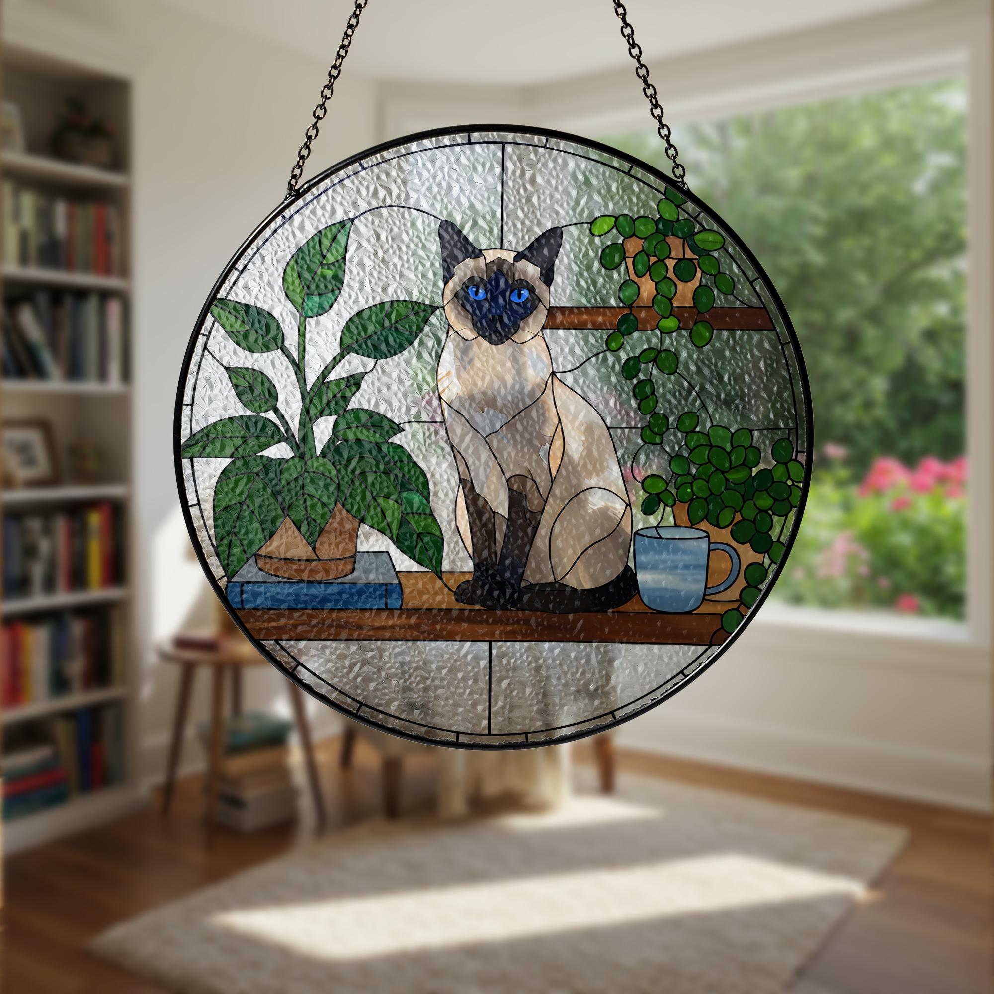 Siamese Cat Glass Suncatcher,  Glass Window Art, Cat Lover Gift, Plant BookShelf Decor, Handmade Glass Panel, Cat Home Decor,Siamese Cat Mom