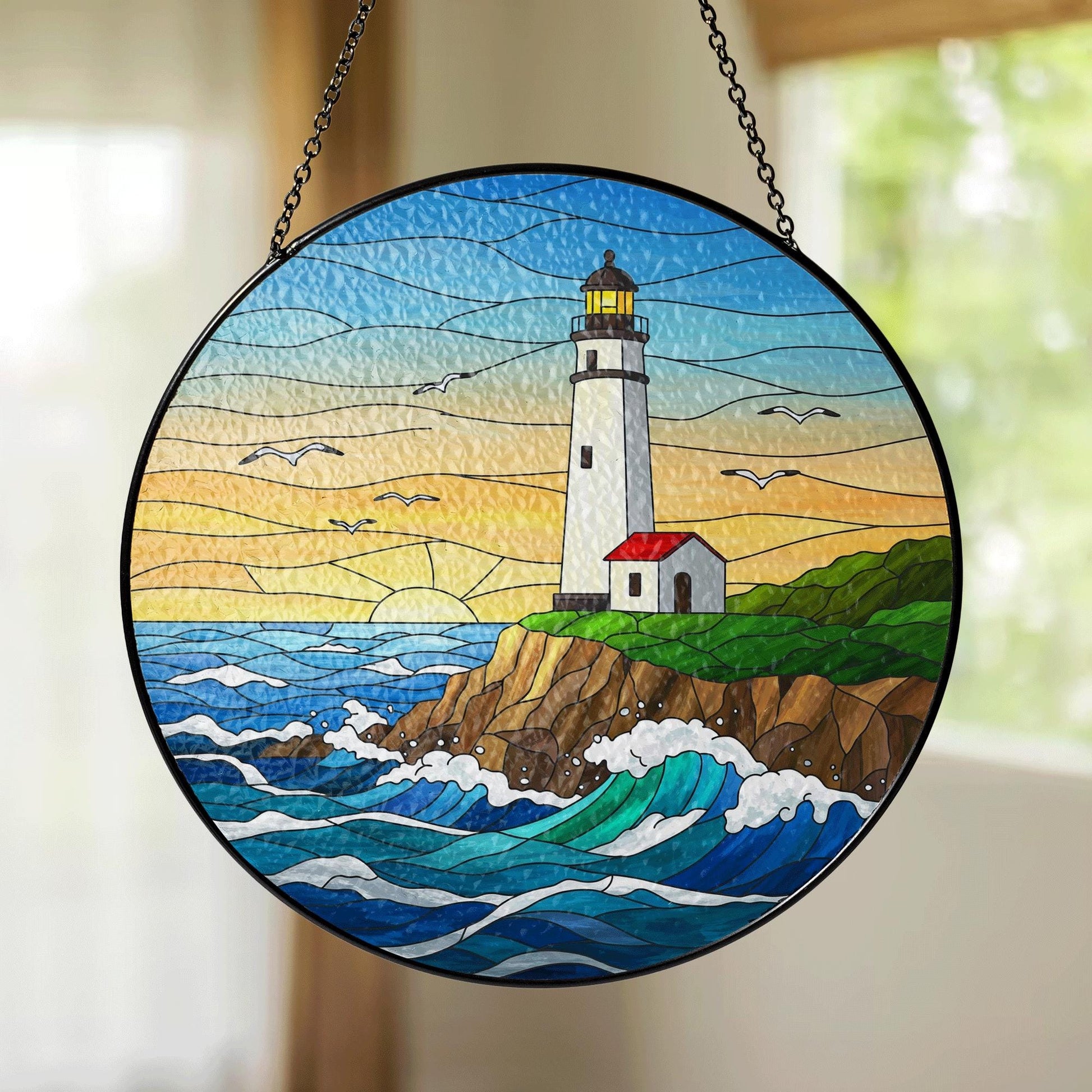 Coastal Lighthouse Glass Suncatcher – Nautical Ocean Window Decor, Seaside Sunset Panel, Beach House Stained Glass Art Gift