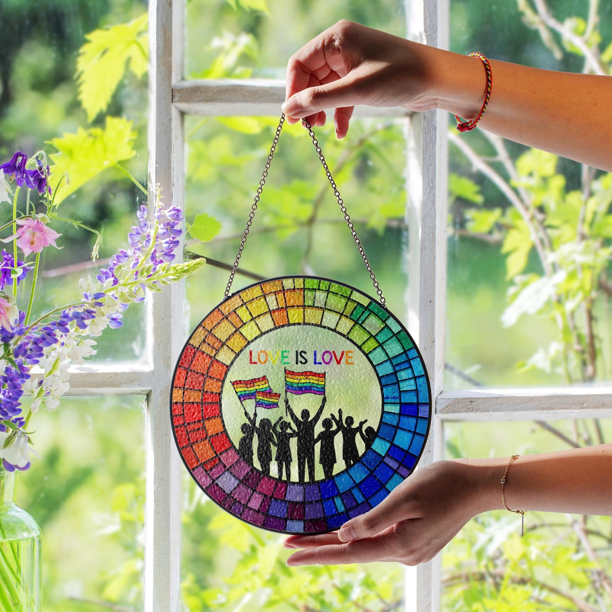 Love Is Love Glass Suncatcher - Rainbow Pride Window Hanging Decor - LGBTQ+ Glass Art - Equality Celebration, Pride Month Decor, LGBT Decor