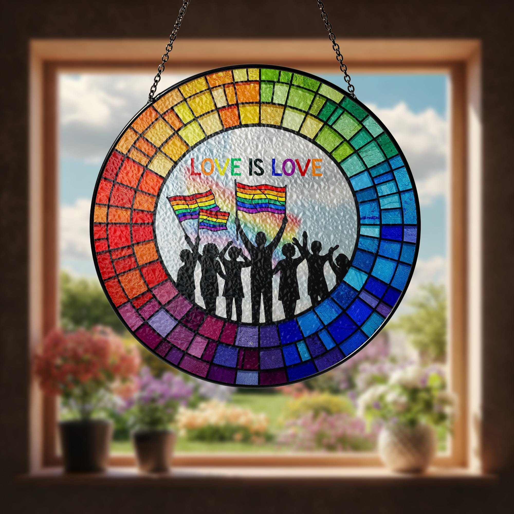 Love Is Love Glass Suncatcher - Rainbow Pride Window Hanging Decor - LGBTQ+ Glass Art - Equality Celebration, Pride Month Decor, LGBT Decor