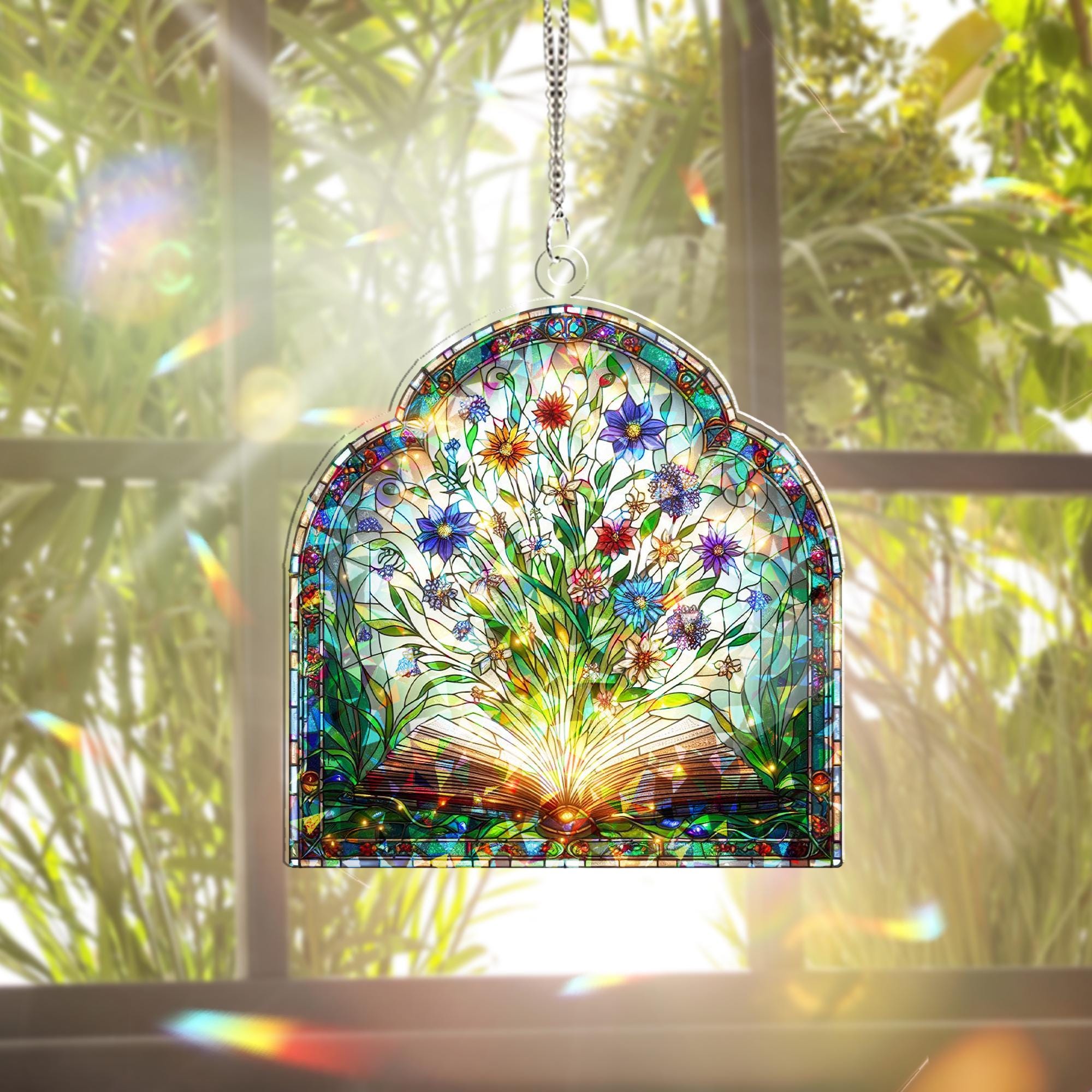 Fairy Tale Book & Wildflowers Hologram Window Hanging – Enchanting Decor – Mother’s Day Gift – Whimsical Nature Art