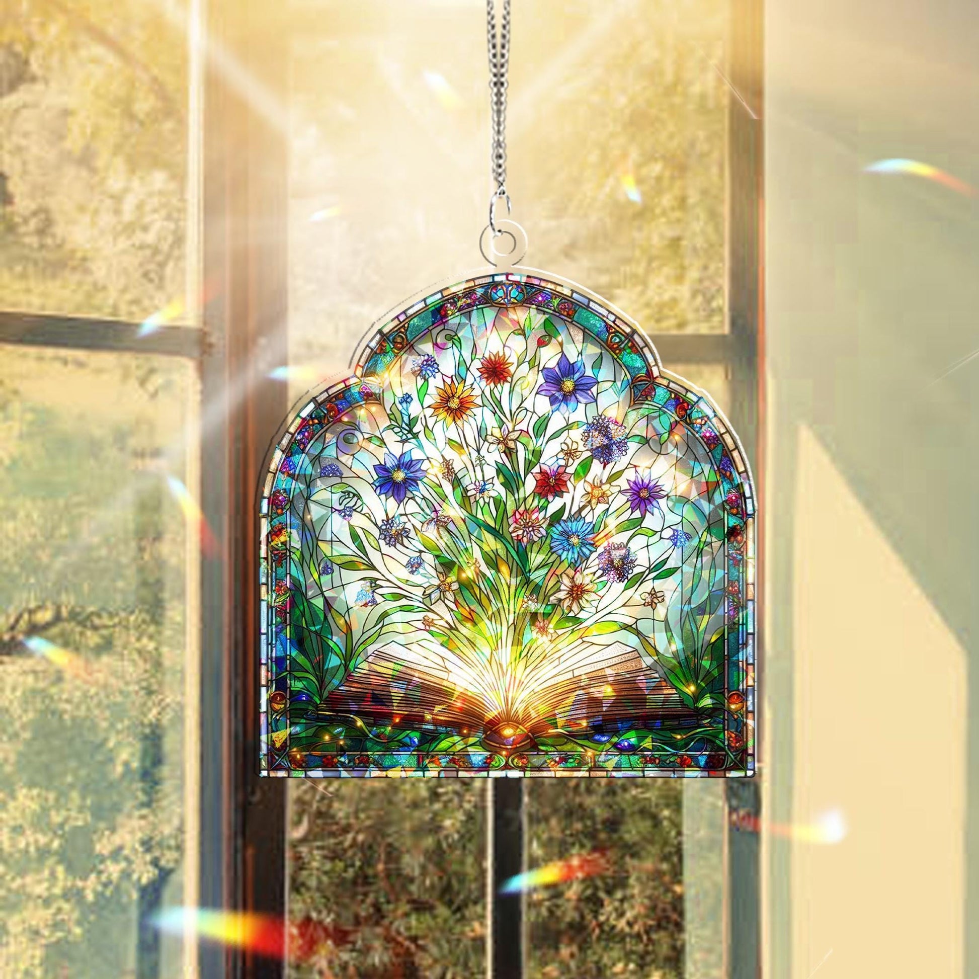 Fairy Tale Book & Wildflowers Hologram Window Hanging – Enchanting Decor – Mother’s Day Gift – Whimsical Nature Art