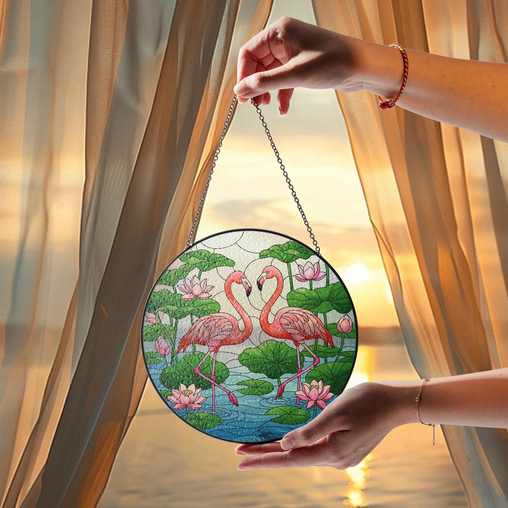 Flamingo Glass Suncatcher – Pink Birds and Lotus Pond Stained Glass Window Hanging, Tropical Nature Decor for Home or Garden Gift