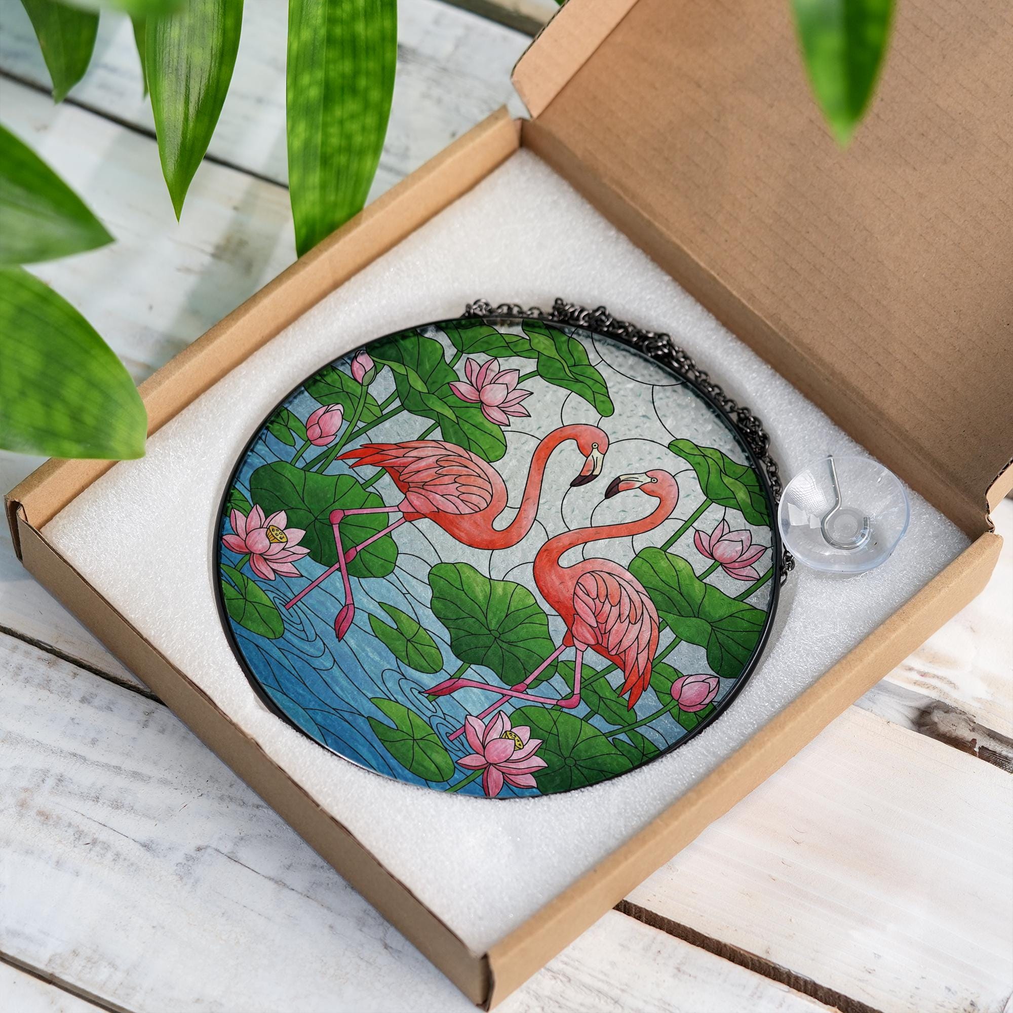 Flamingo Glass Suncatcher – Pink Birds and Lotus Pond Stained Glass Window Hanging, Tropical Nature Decor for Home or Garden Gift