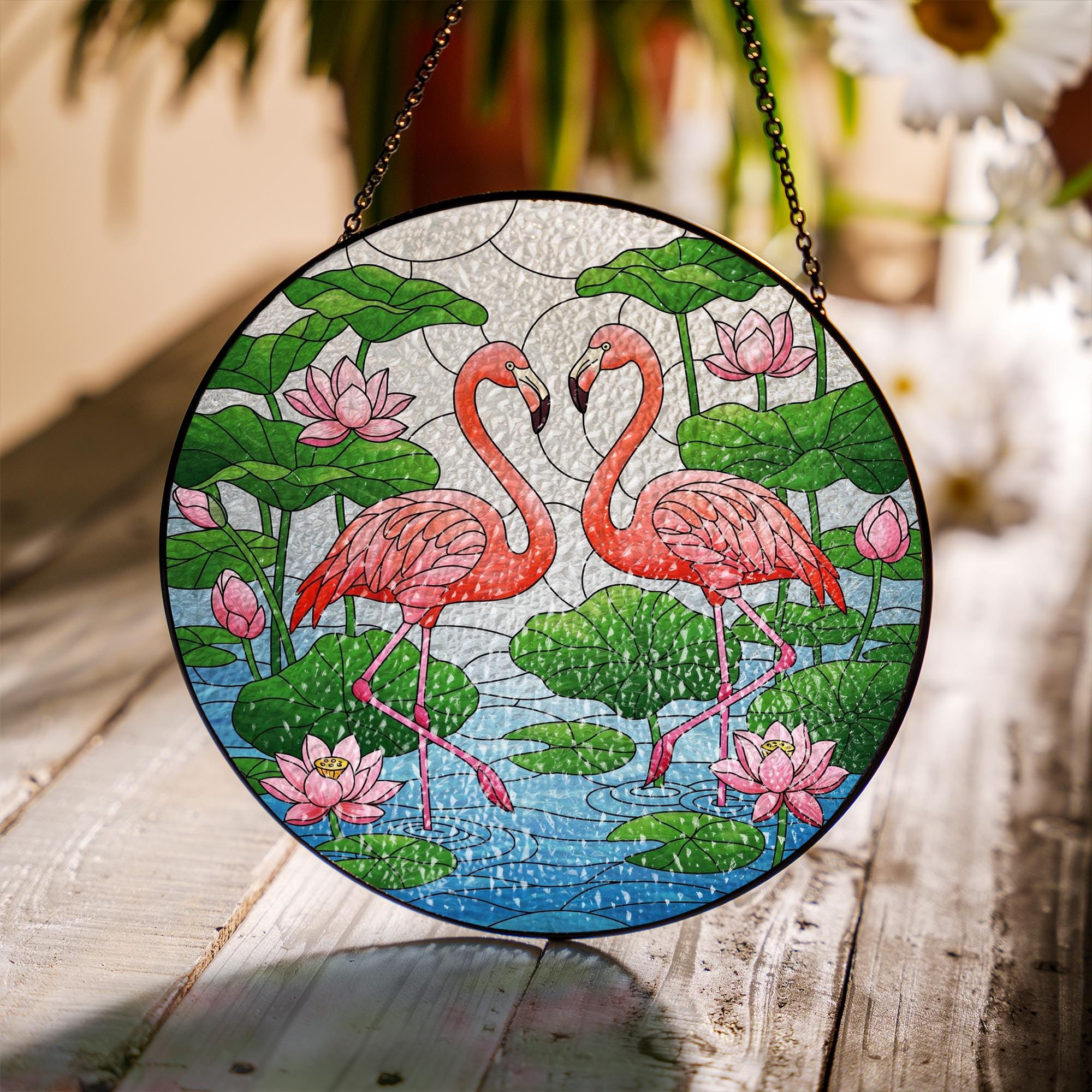 Flamingo Glass Suncatcher – Pink Birds and Lotus Pond Stained Glass Window Hanging, Tropical Nature Decor for Home or Garden Gift