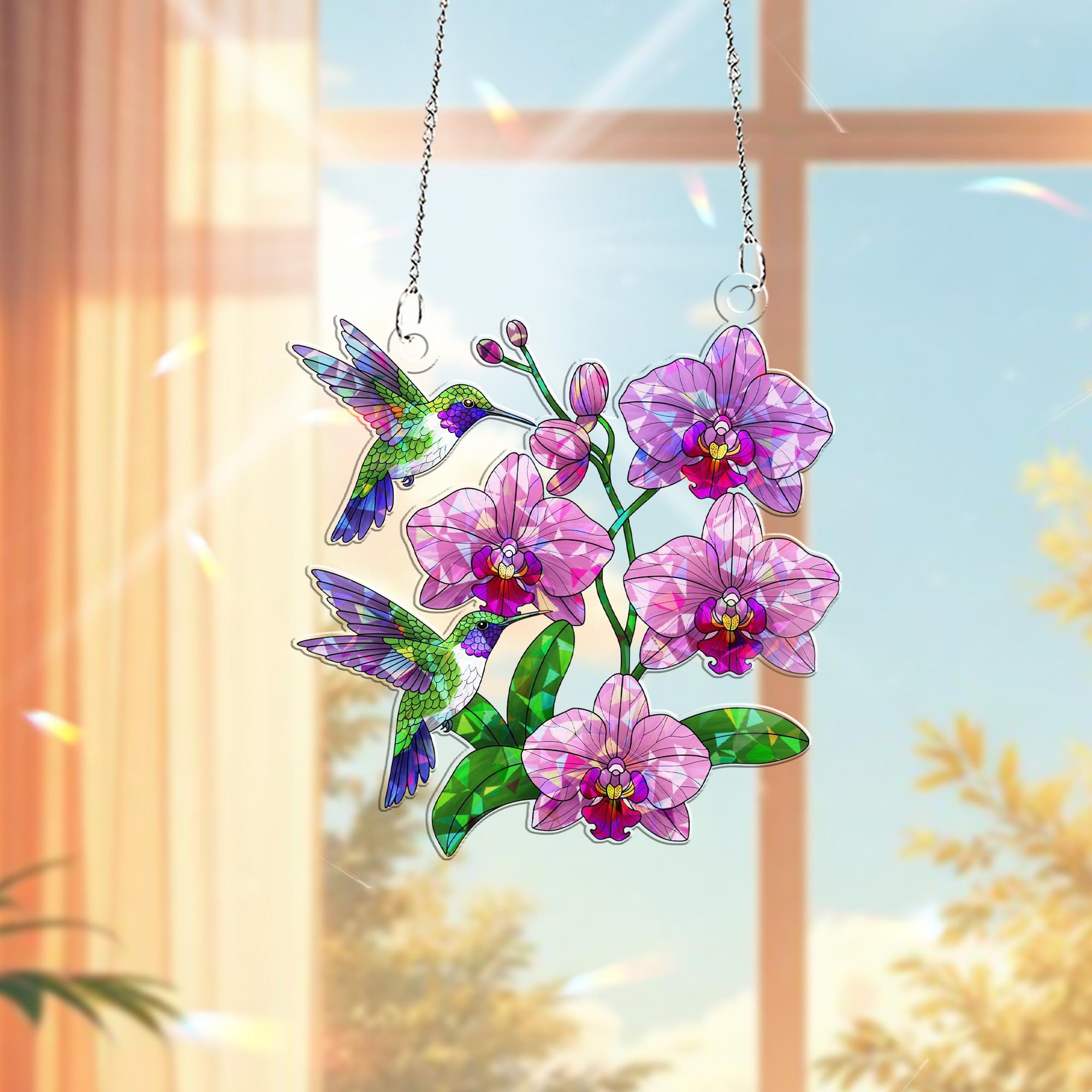 Hummingbirds & Orchids Hologram Acrylic Window Hanging – Elegant Decor – Mother’s Day Gift – Nature-Inspired Wall Art