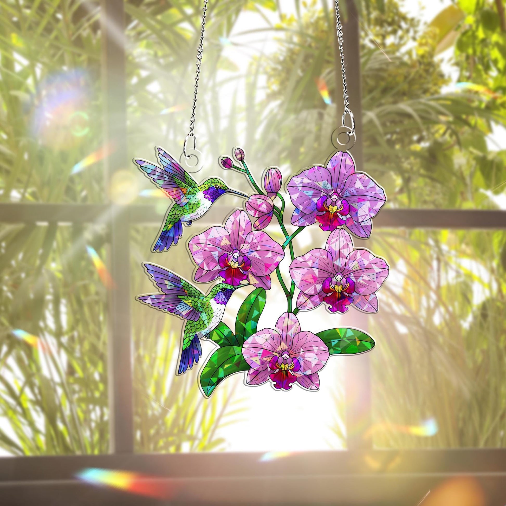 Hummingbirds & Orchids Hologram Acrylic Window Hanging – Elegant Decor – Mother’s Day Gift – Nature-Inspired Wall Art