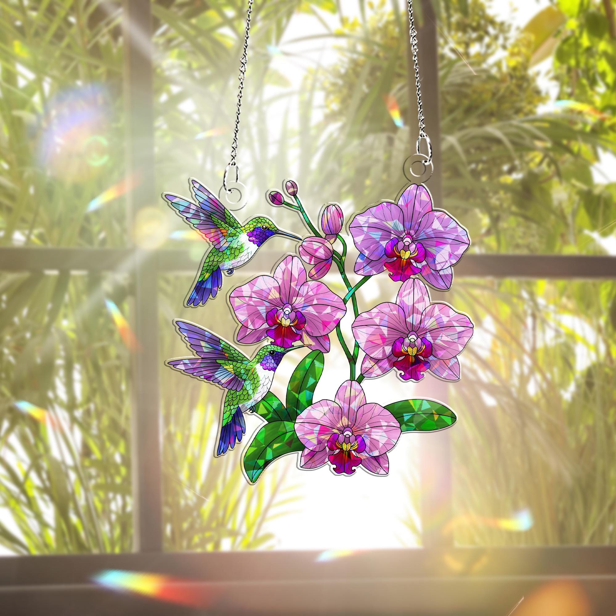 Hummingbirds & Orchids Hologram Acrylic Window Hanging – Elegant Decor – Mother’s Day Gift – Nature-Inspired Wall Art