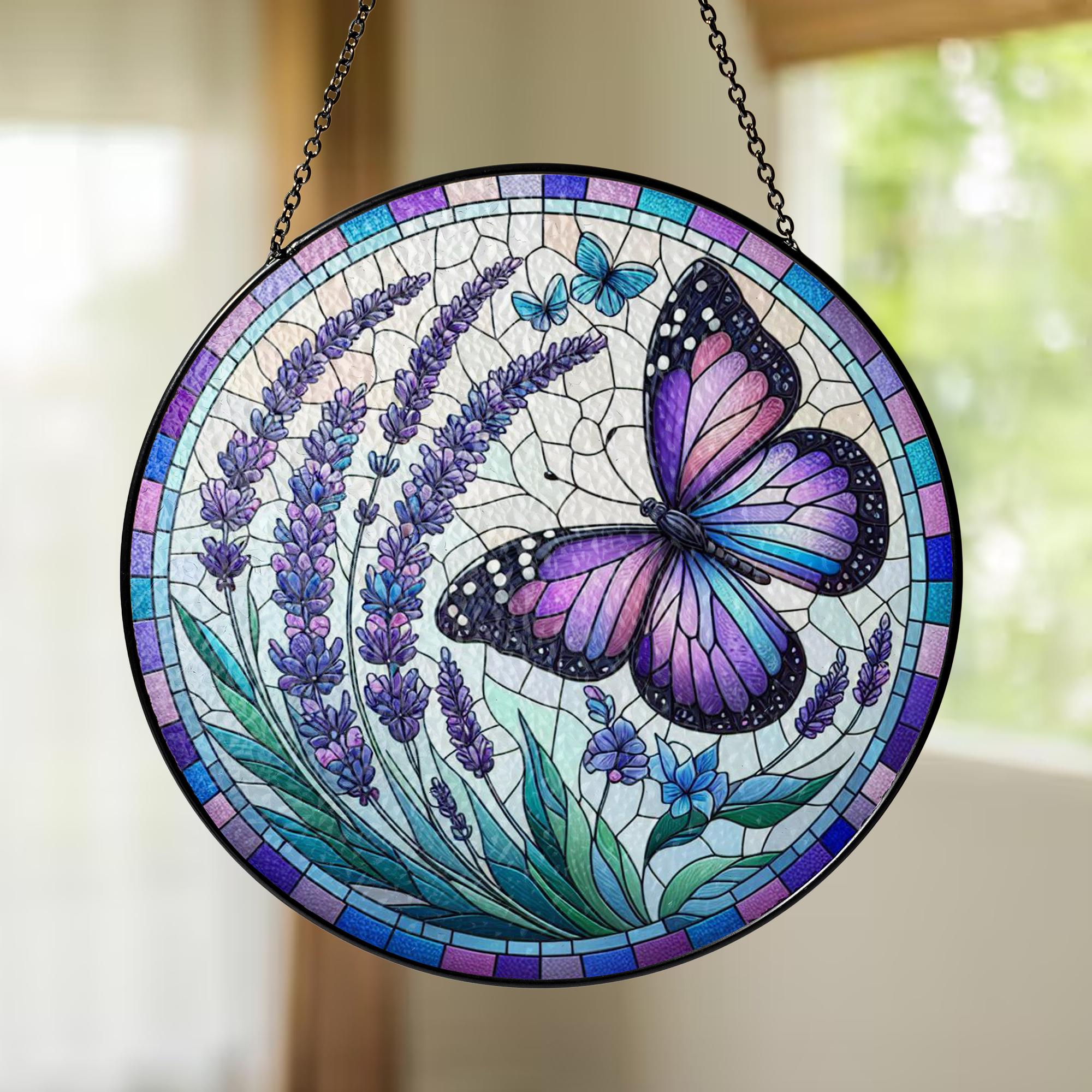Lavender Butterfly Glass Suncatcher – Purple Floral Stained Glass Window Hanging, Nature-Inspired Garden Decor, Butterfly Gift