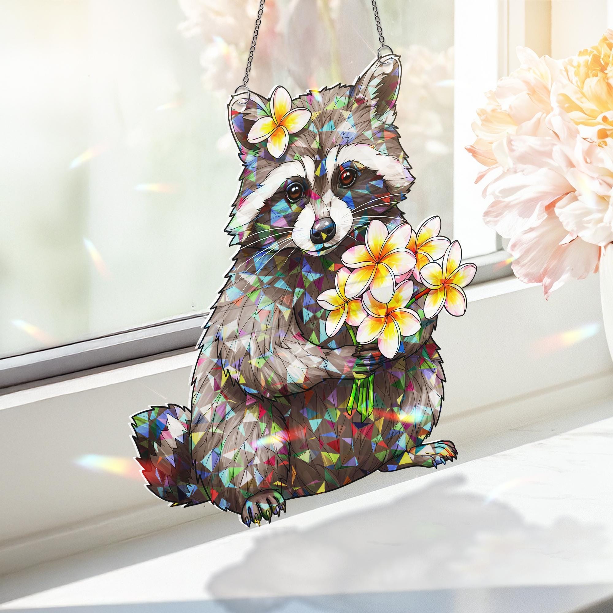 Raccoon with Frangipani Flowers Hologram Ornament - Animal ACRYLIC Window Hanging Decor - Woodland Wildlife Art, Summer Home Decor, Tropical