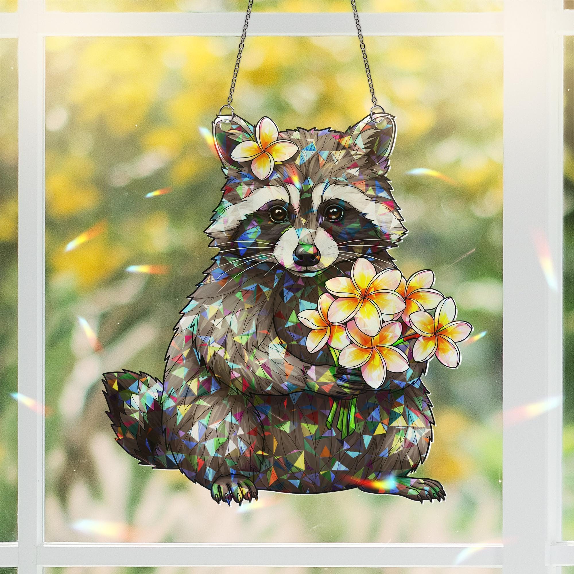 Raccoon with Frangipani Flowers Hologram Ornament - Animal ACRYLIC Window Hanging Decor - Woodland Wildlife Art, Summer Home Decor, Tropical