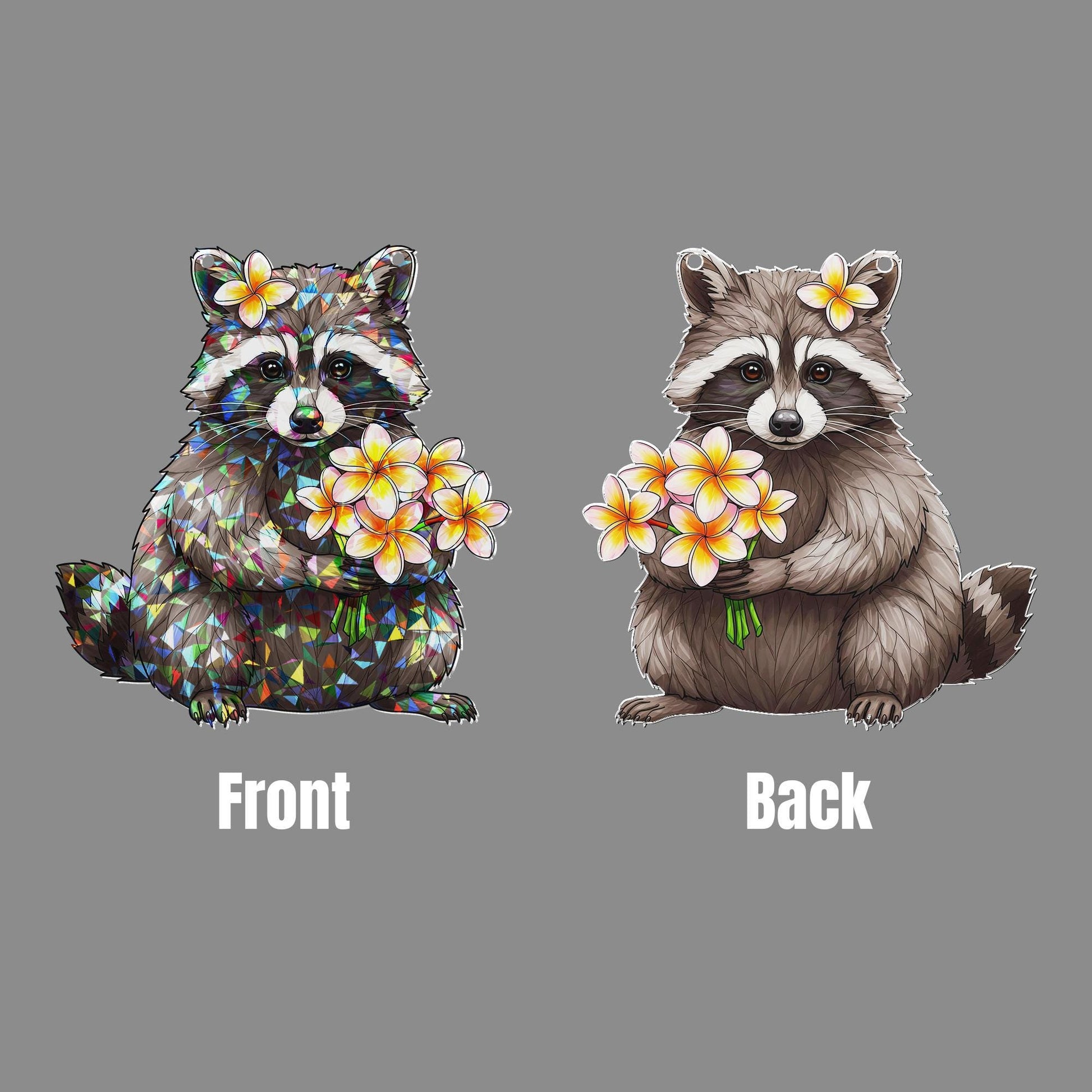 Raccoon with Frangipani Flowers Hologram Ornament - Animal ACRYLIC Window Hanging Decor - Woodland Wildlife Art, Summer Home Decor, Tropical