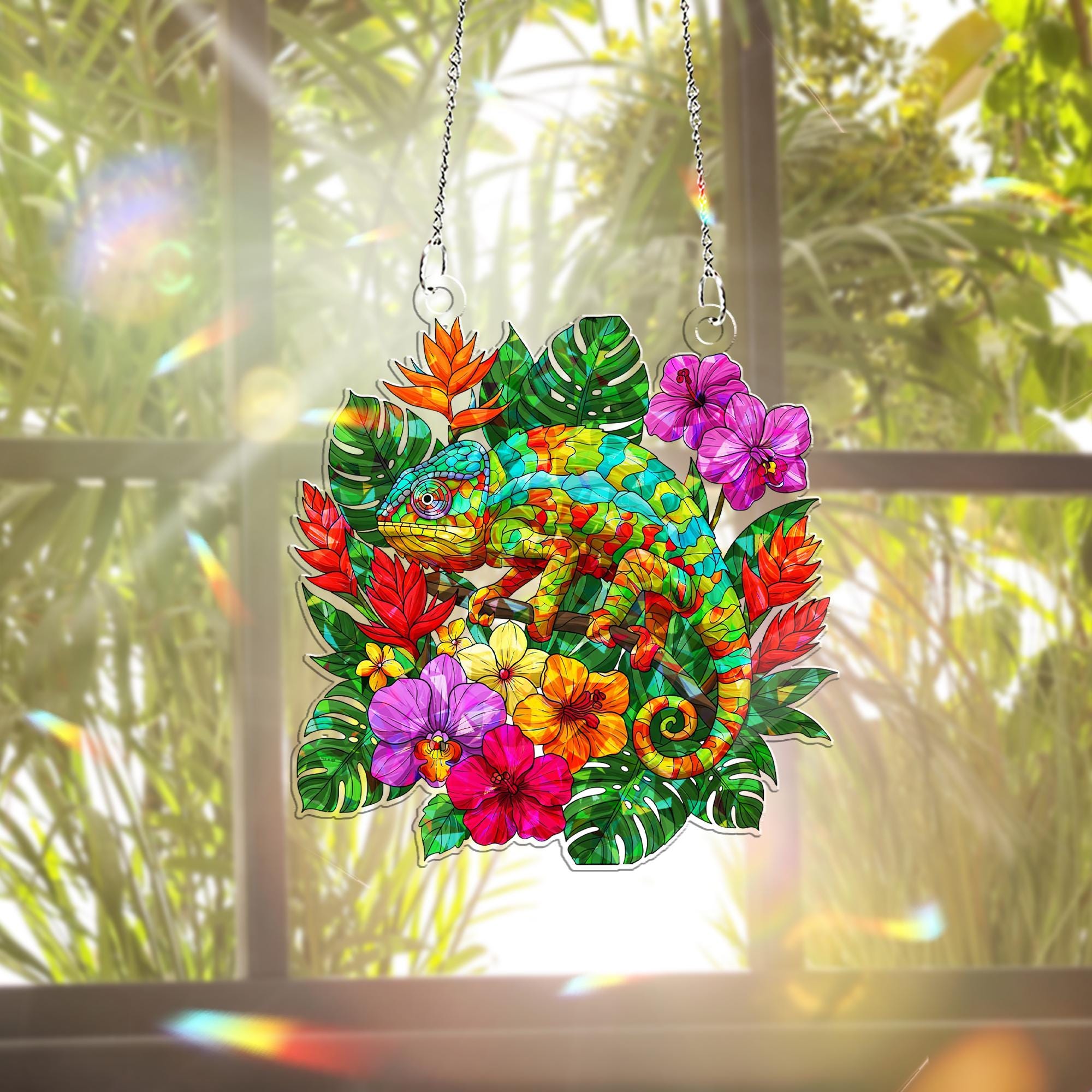 Chameleons & Tropical Hologram Window Hanging – Vibrant Wall Decor – Mother’s Day Gift – Exotic Jungle-Inspired Art