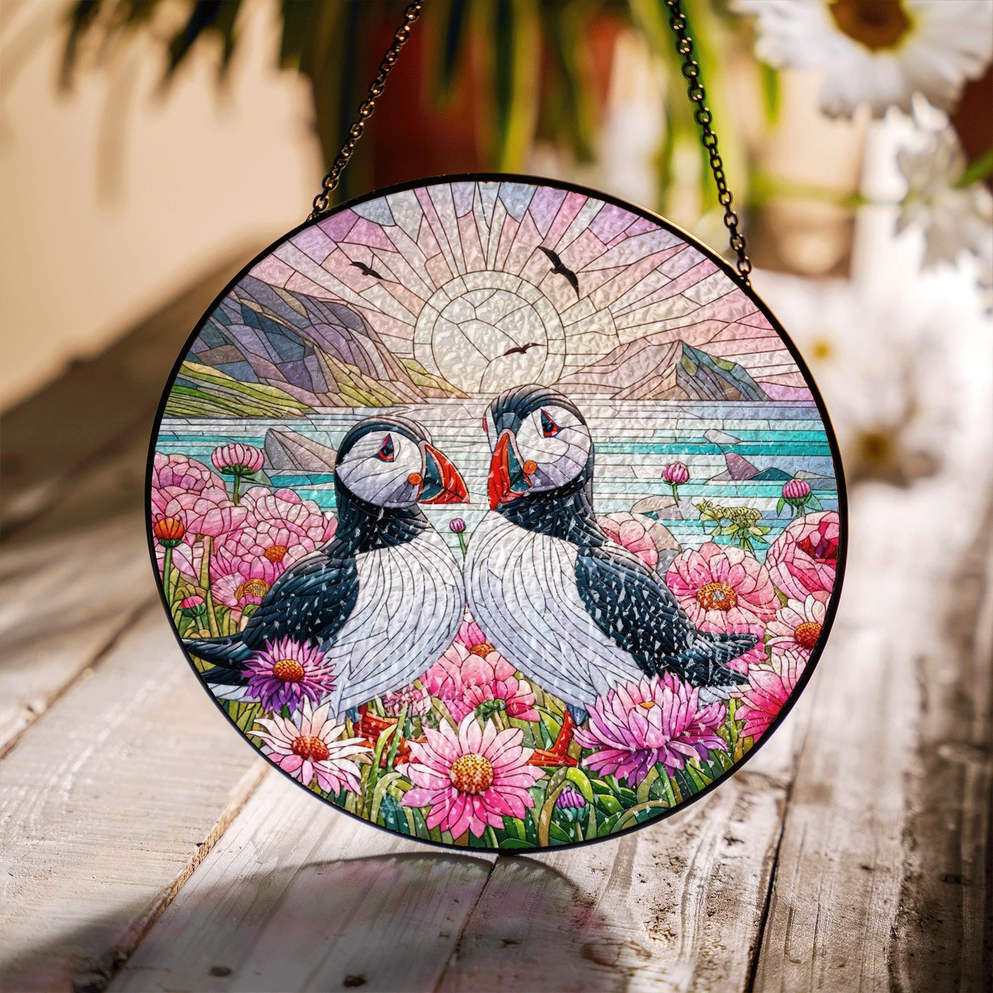 Puffin Pair Glass Suncatcher – Colorful Coastal Stained Glass Window Hanging, Ocean Bird Floral Nature Decor, Puffin Gift Idea