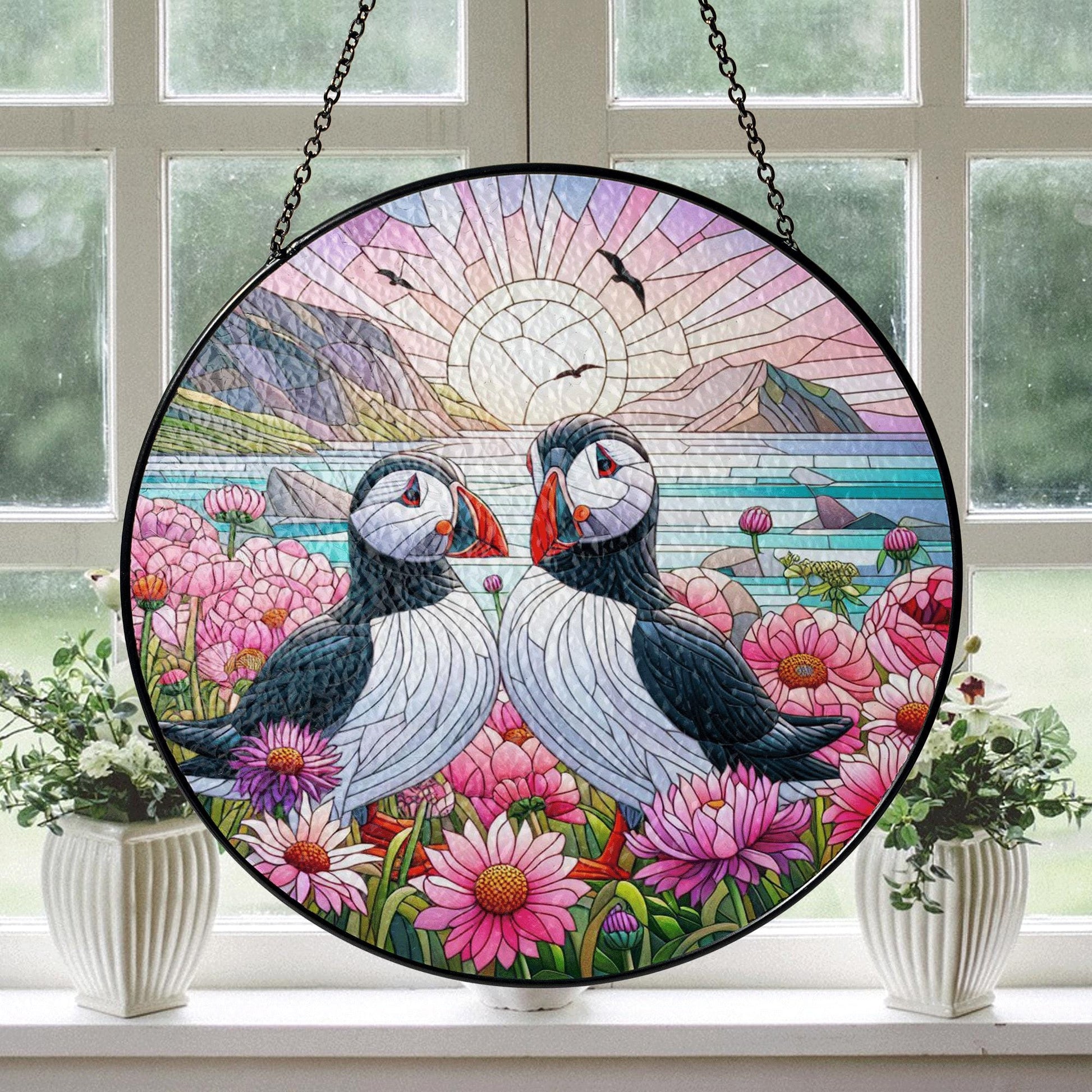 Puffin Pair Glass Suncatcher – Colorful Coastal Stained Glass Window Hanging, Ocean Bird Floral Nature Decor, Puffin Gift Idea