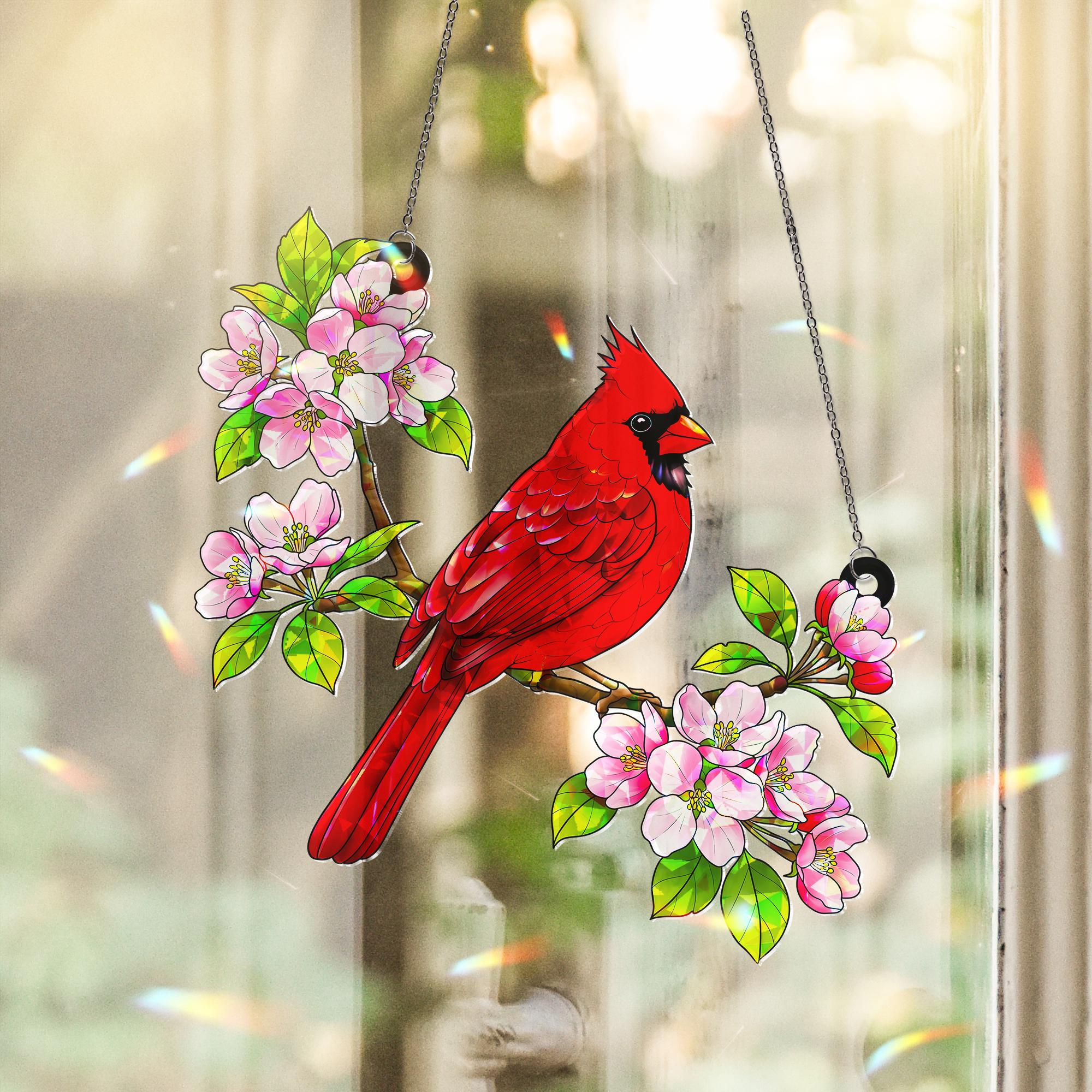 Cardinal Bird & Apple Blossom Acrylic Window Hanging Ornament, Nature Lover Gift, Red Bird Memorial Decor, Cardinal Flower Lover Gifts