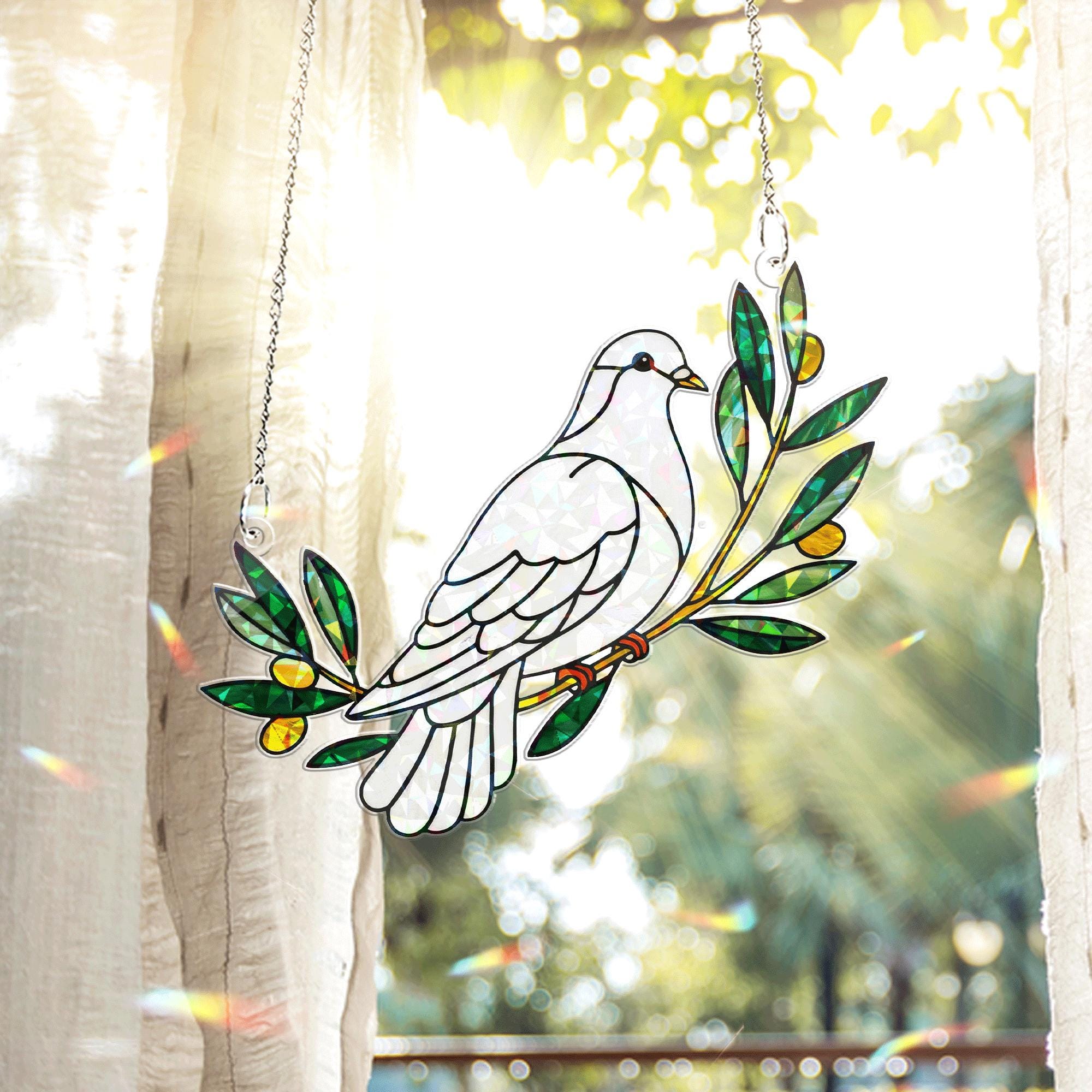 White Dove & Olive Branch Hologram Acrylic Window Hanging – Peace Bird with Olive Branch, Spiritual Decor, Nature Gift Idea