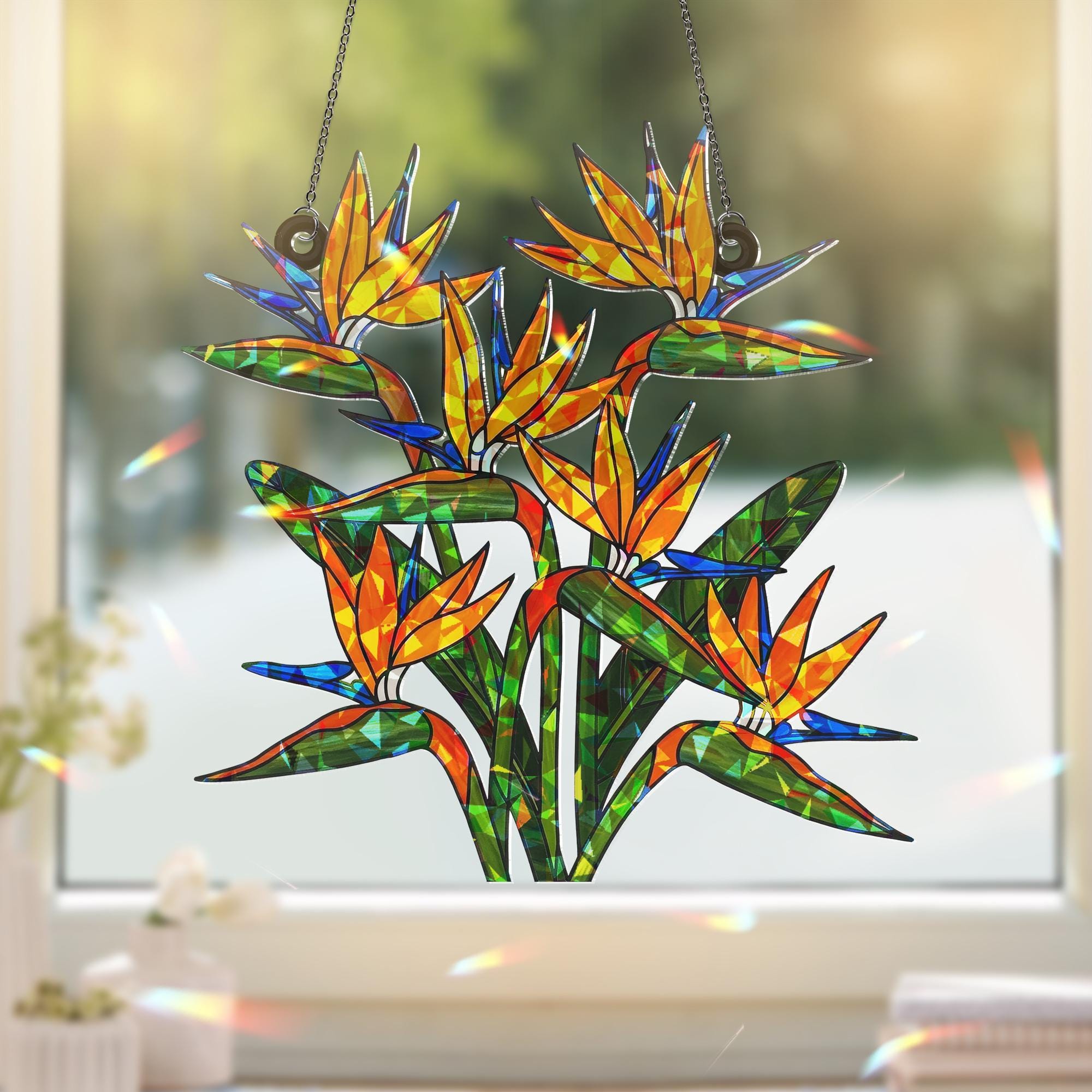 Bird of Paradise Hologram Ornament- Floral ACRYLIC Window Hanging Decor, Tropical Flower Art for Home and Garden, Tropical Summer Home Decor
