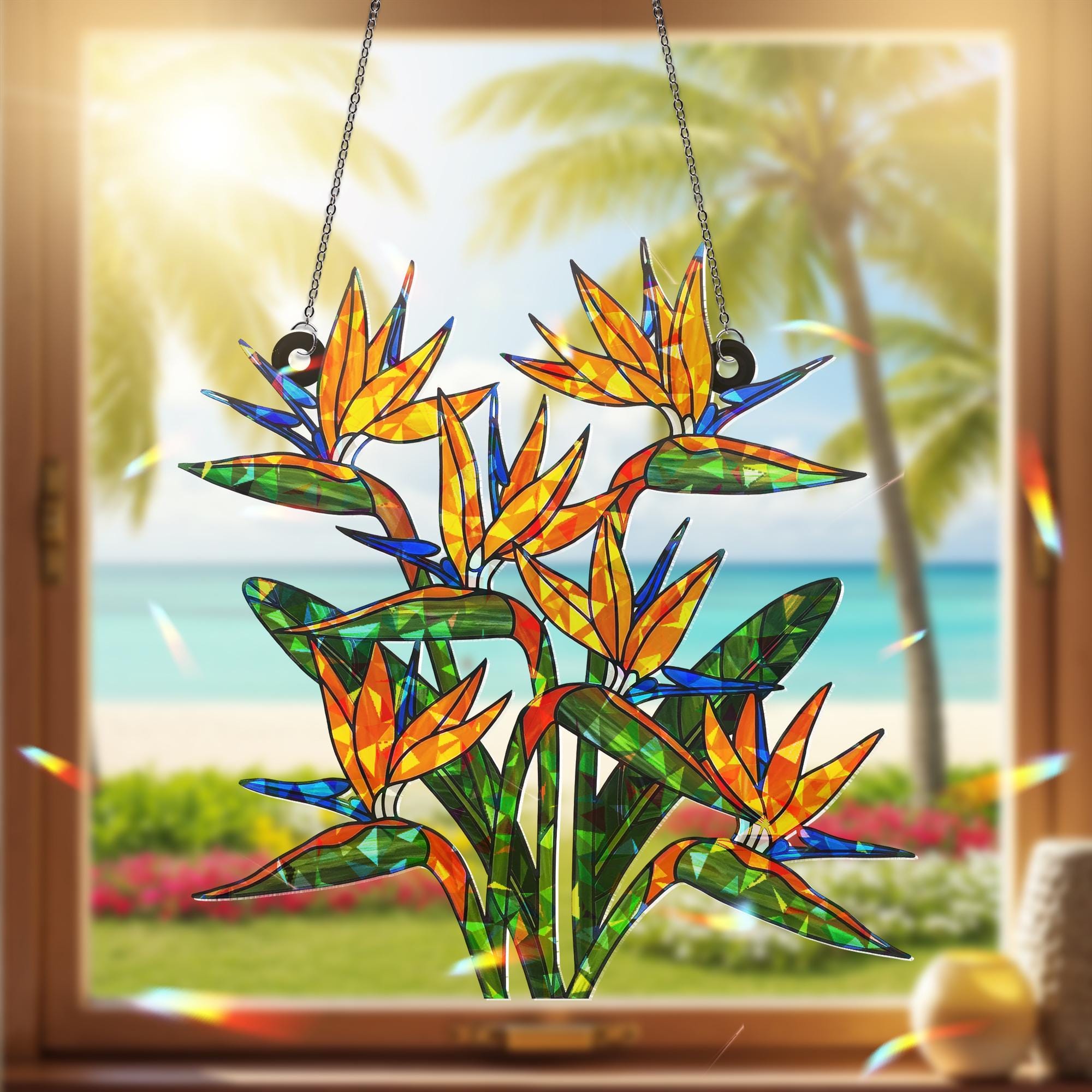 Bird of Paradise Hologram Ornament- Floral ACRYLIC Window Hanging Decor, Tropical Flower Art for Home and Garden, Tropical Summer Home Decor