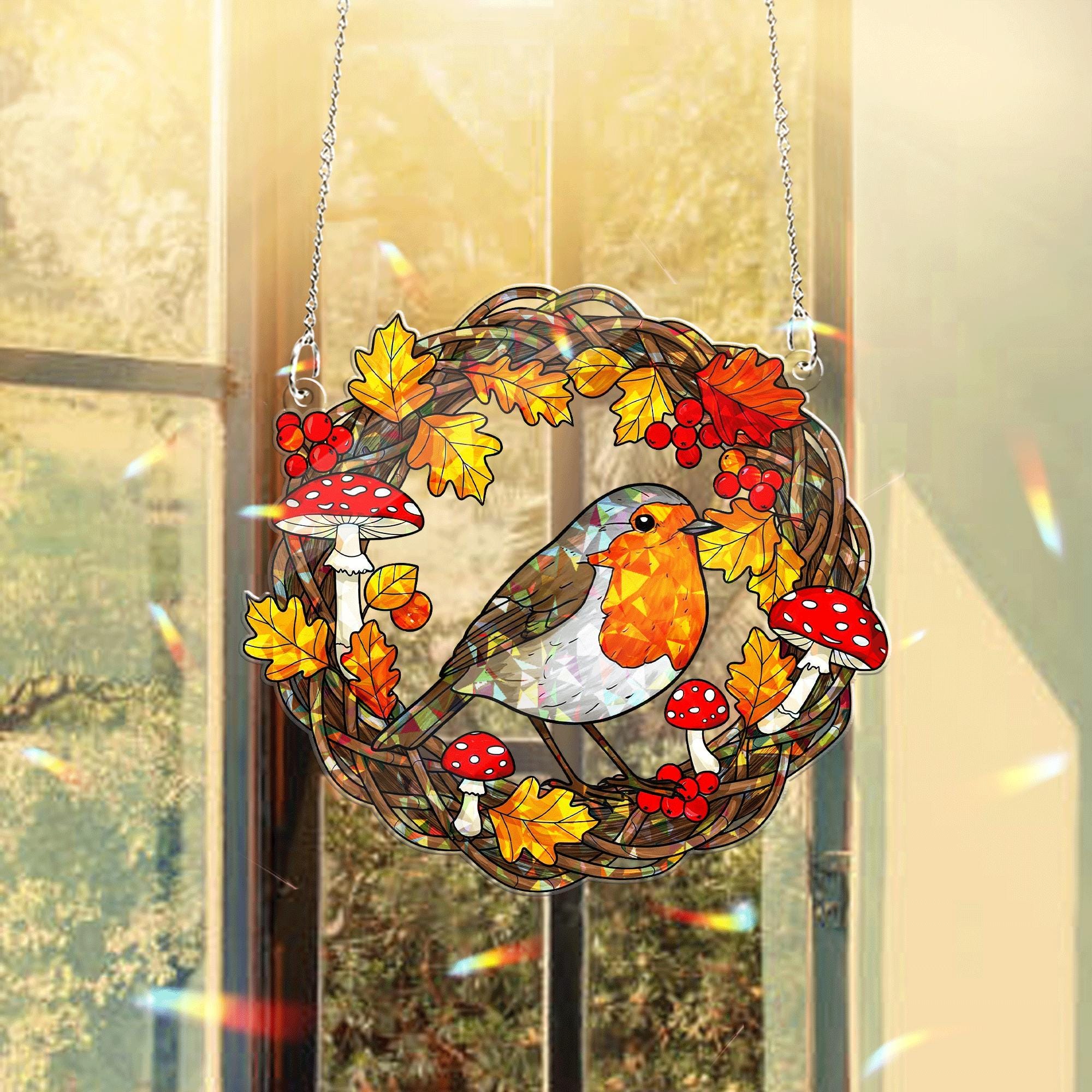 Robin Hologram Acrylic Window Hanging – Fall Bird Wreath with Mushrooms and Leaves Hanging, Seasonal Woodland Home Decor Gift