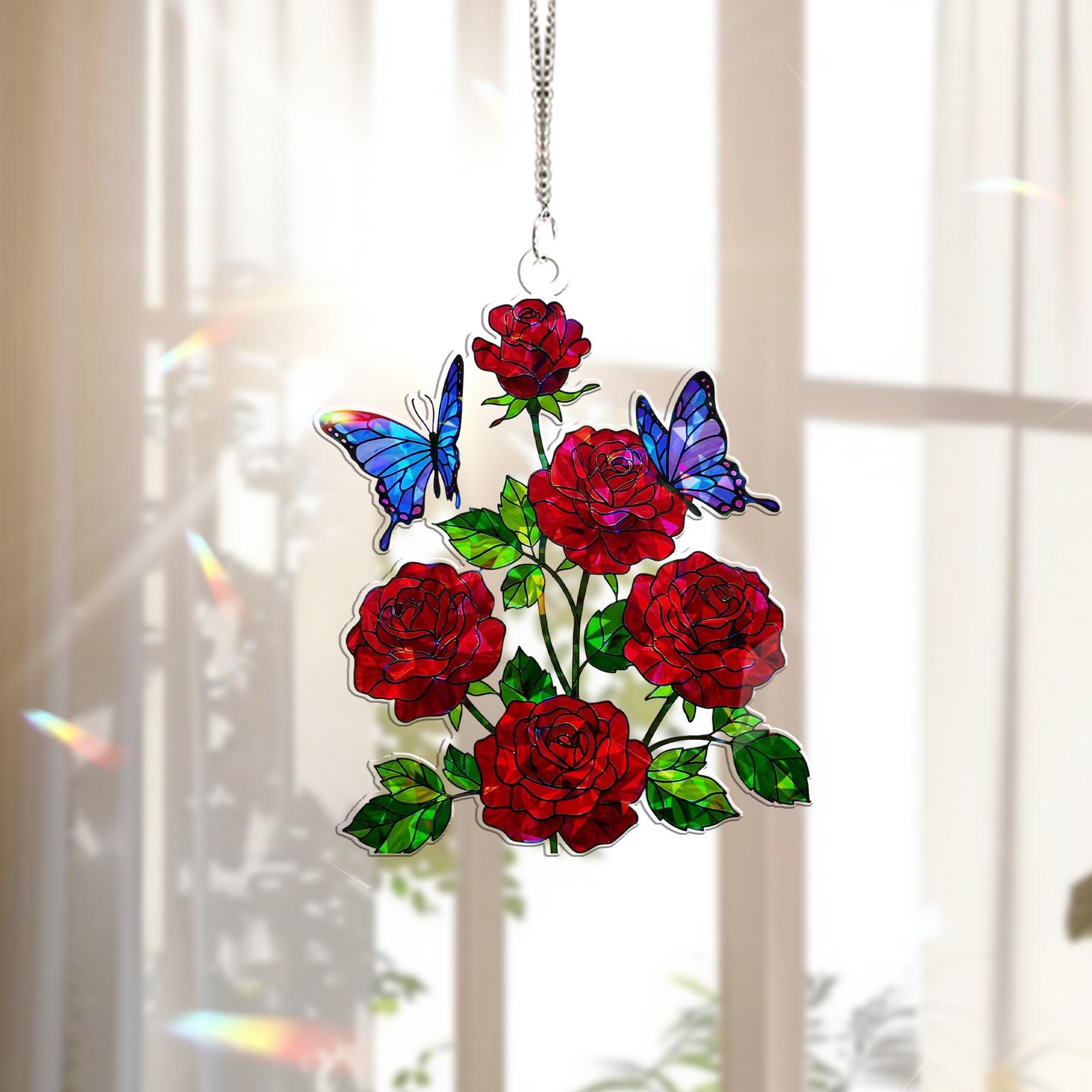 Rose with Butterfly Hologram Window Hanging – Elegant Floral Decor – Mother’s Day Gift – Tropical Garden Wall Art