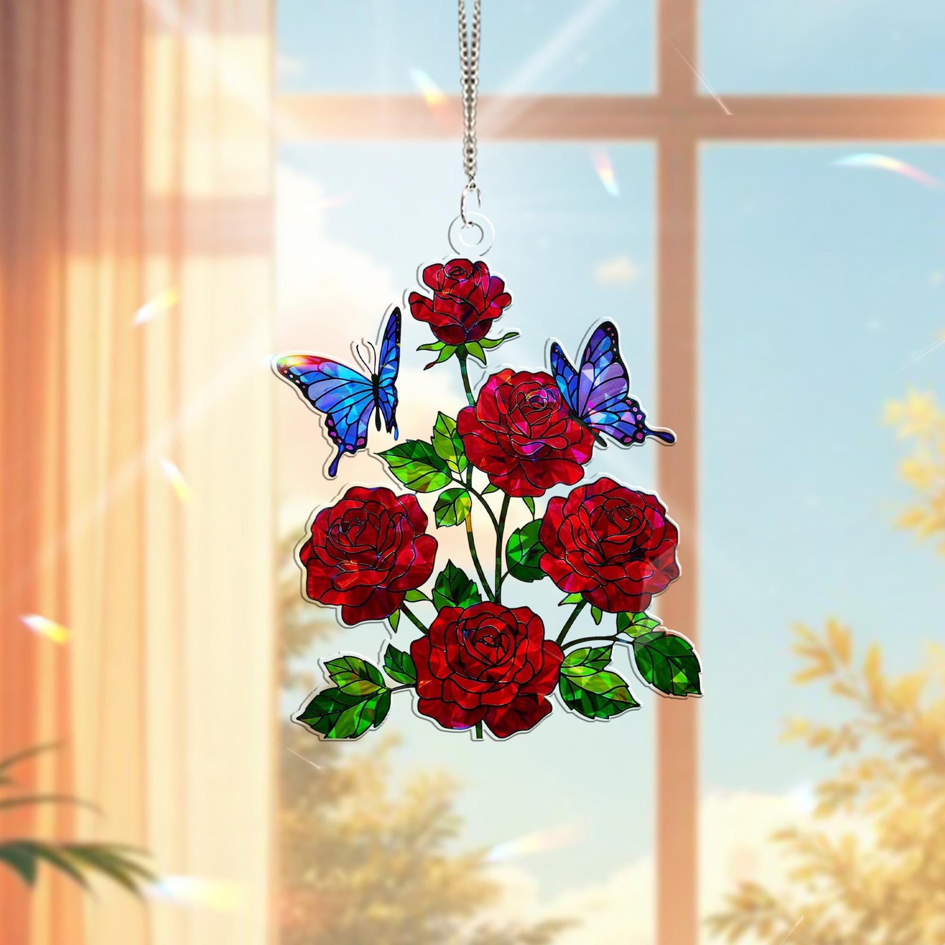 Rose with Butterfly Hologram Window Hanging – Elegant Floral Decor – Mother’s Day Gift – Tropical Garden Wall Art