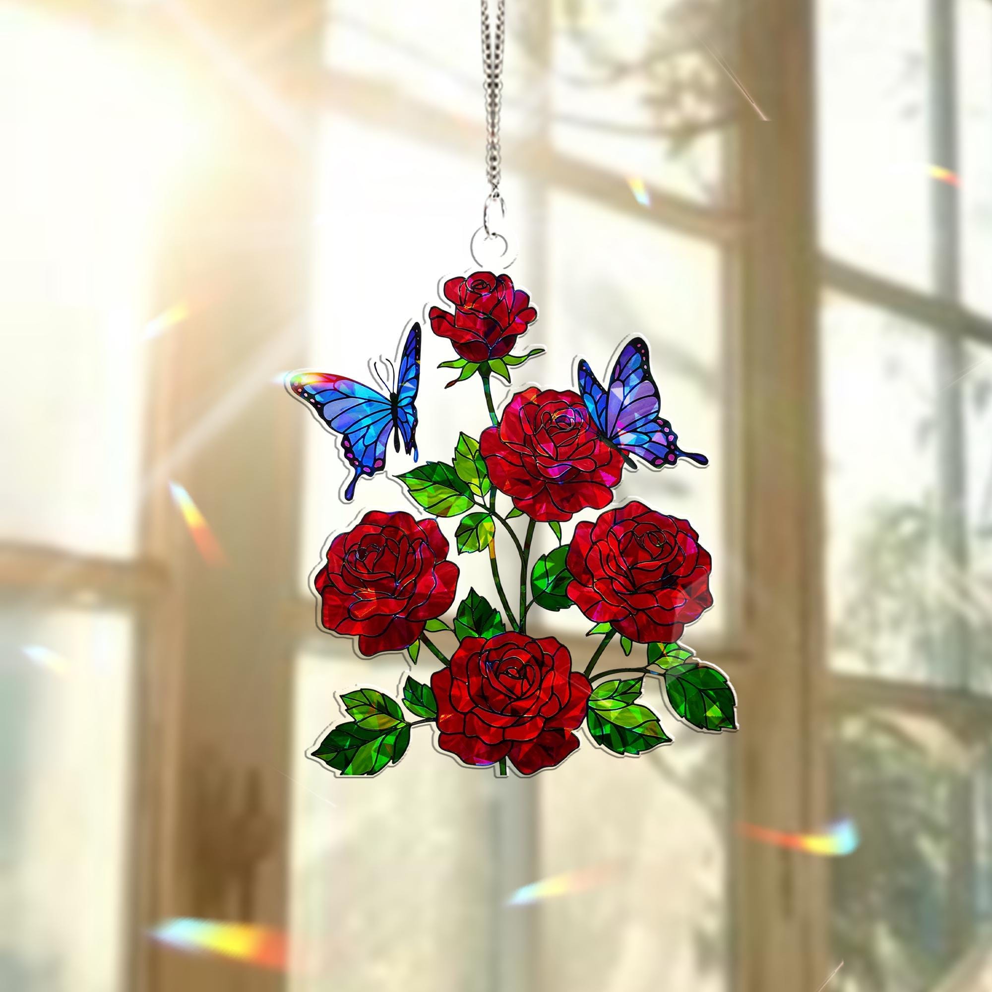 Rose with Butterfly Hologram Window Hanging – Elegant Floral Decor – Mother’s Day Gift – Tropical Garden Wall Art