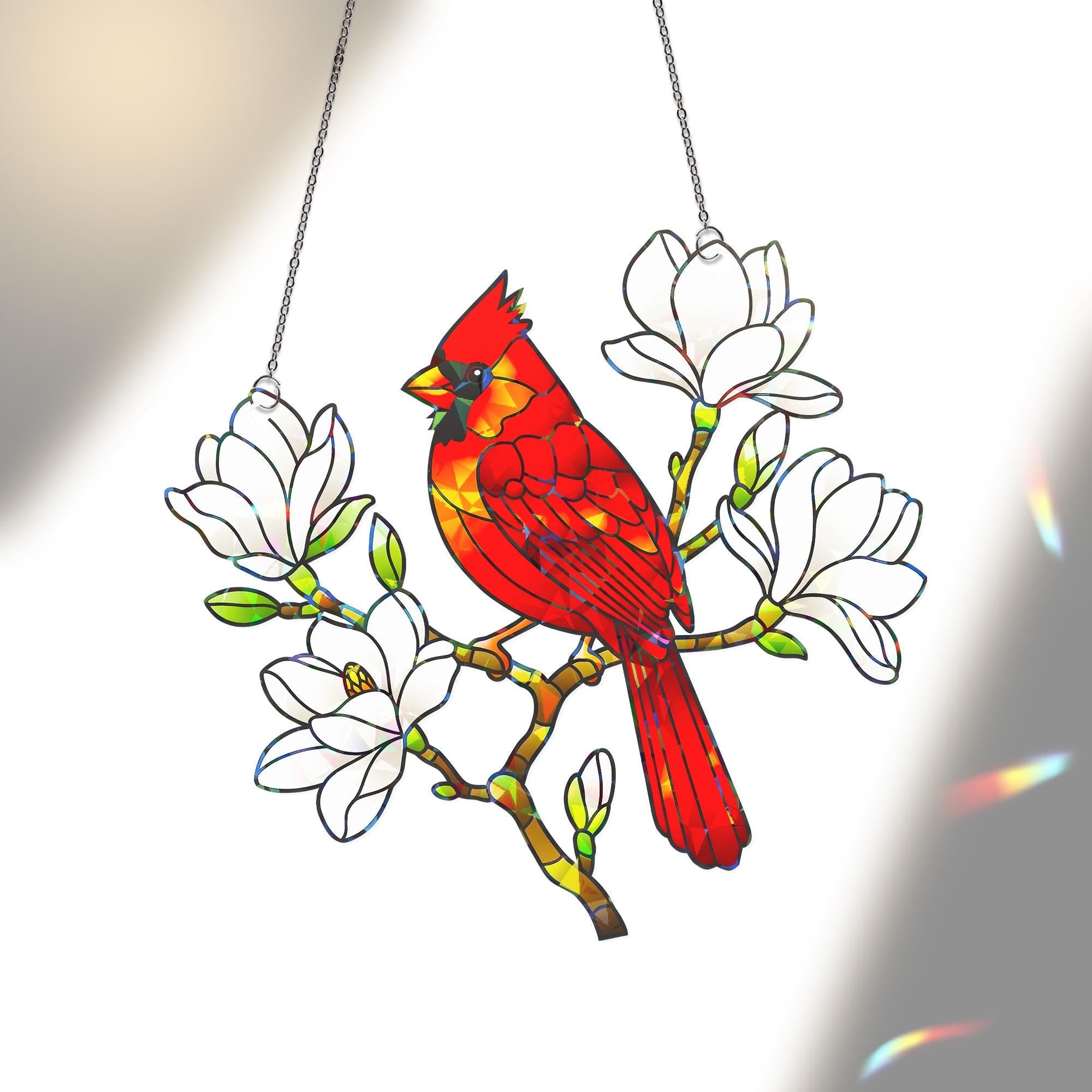 Cardinal Hologram Acrylic Window Hanging Ornament, Bird & Magnolia Flower Ornament, Nature Lover Gift, Home Wall Art Decor