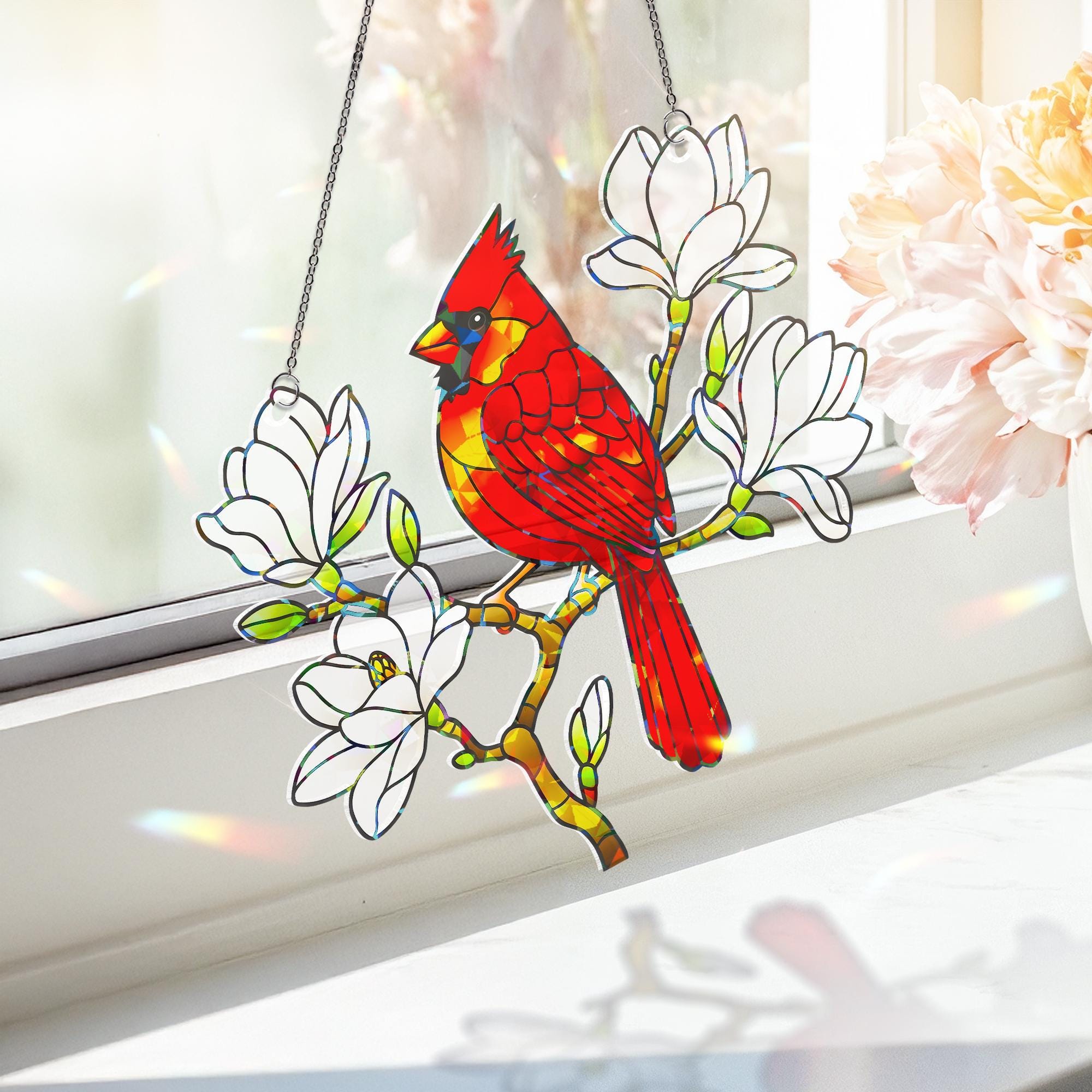 Cardinal Hologram Acrylic Window Hanging Ornament, Bird & Magnolia Flower Ornament, Nature Lover Gift, Home Wall Art Decor