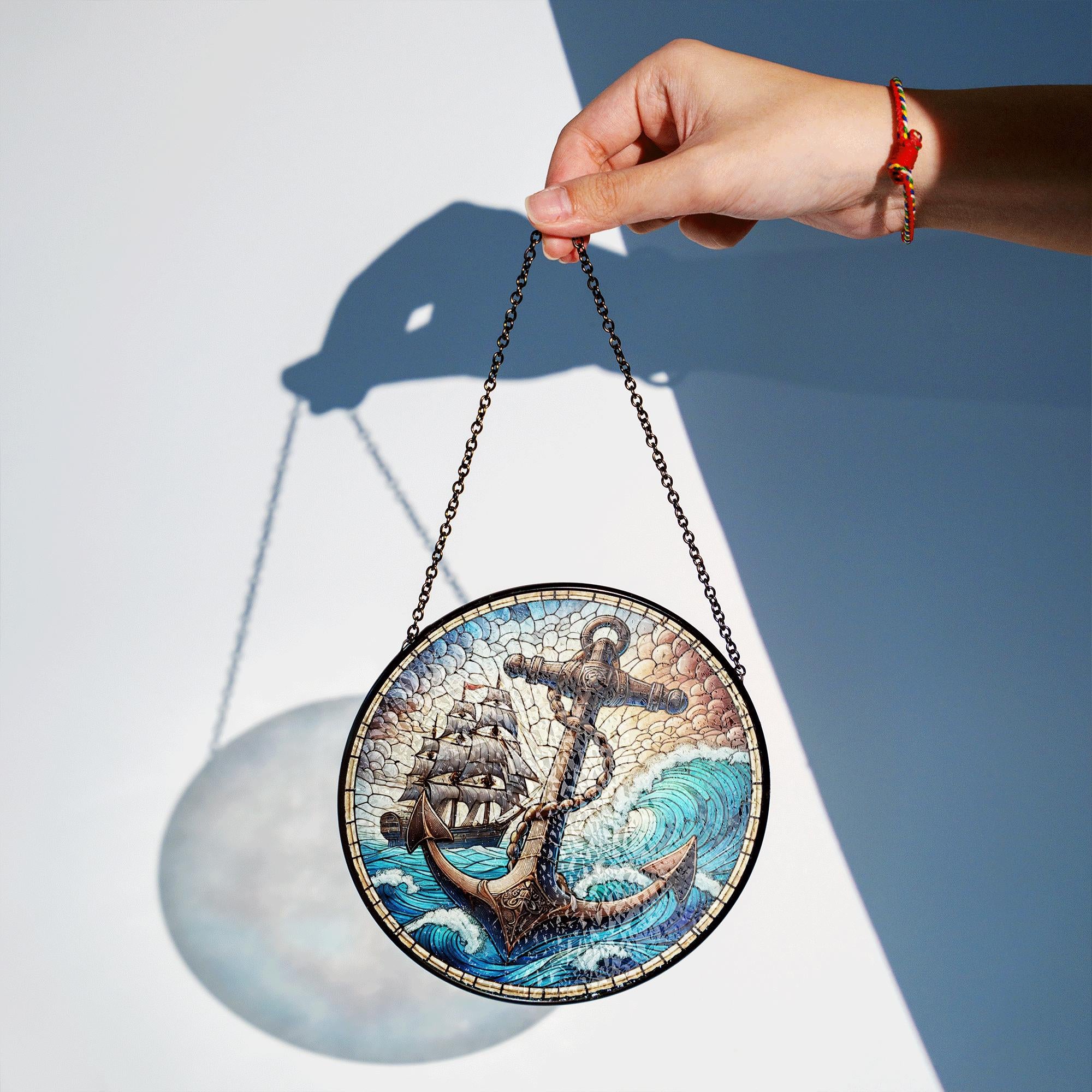 Nautical Anchor Glass Suncatcher – Ocean Wave Stained Glass Look with Ship, Maritime Window Decor, Coastal Gift for Sea Lovers