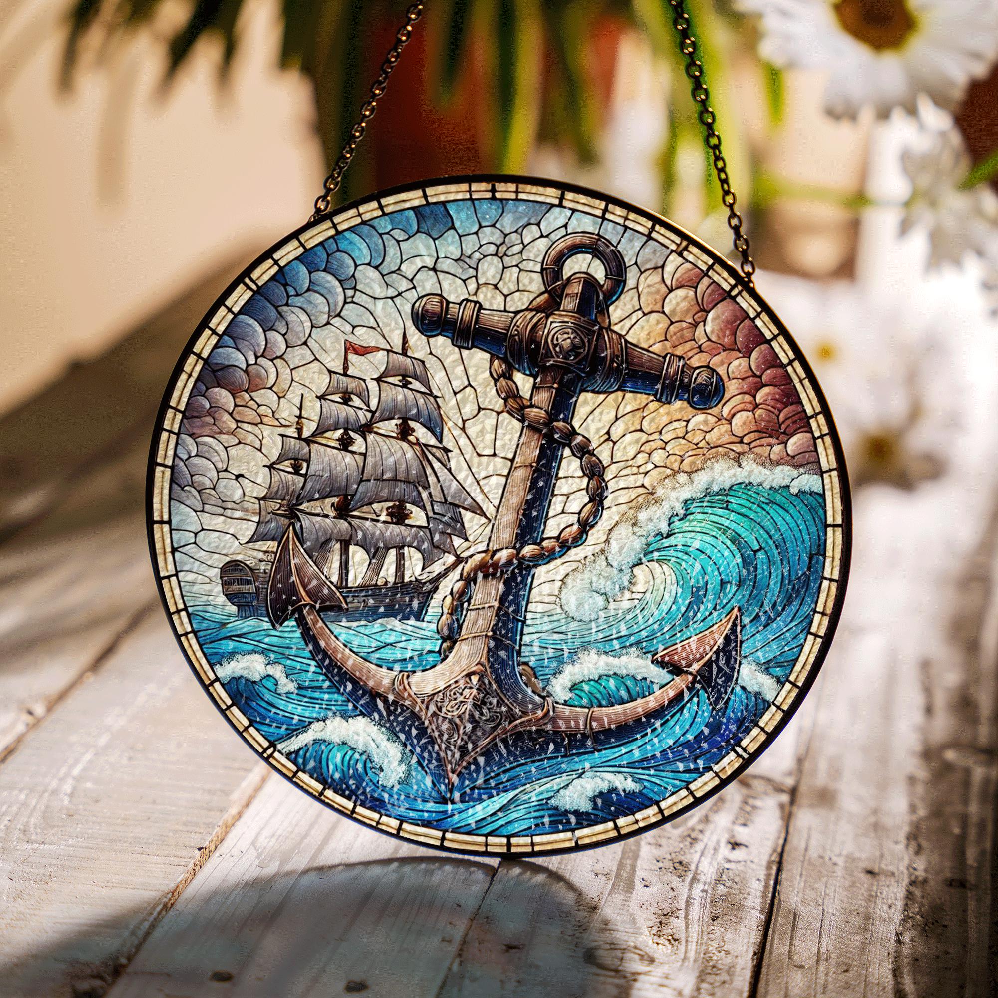 Nautical Anchor Glass Suncatcher – Ocean Wave Stained Glass Look with Ship, Maritime Window Decor, Coastal Gift for Sea Lovers