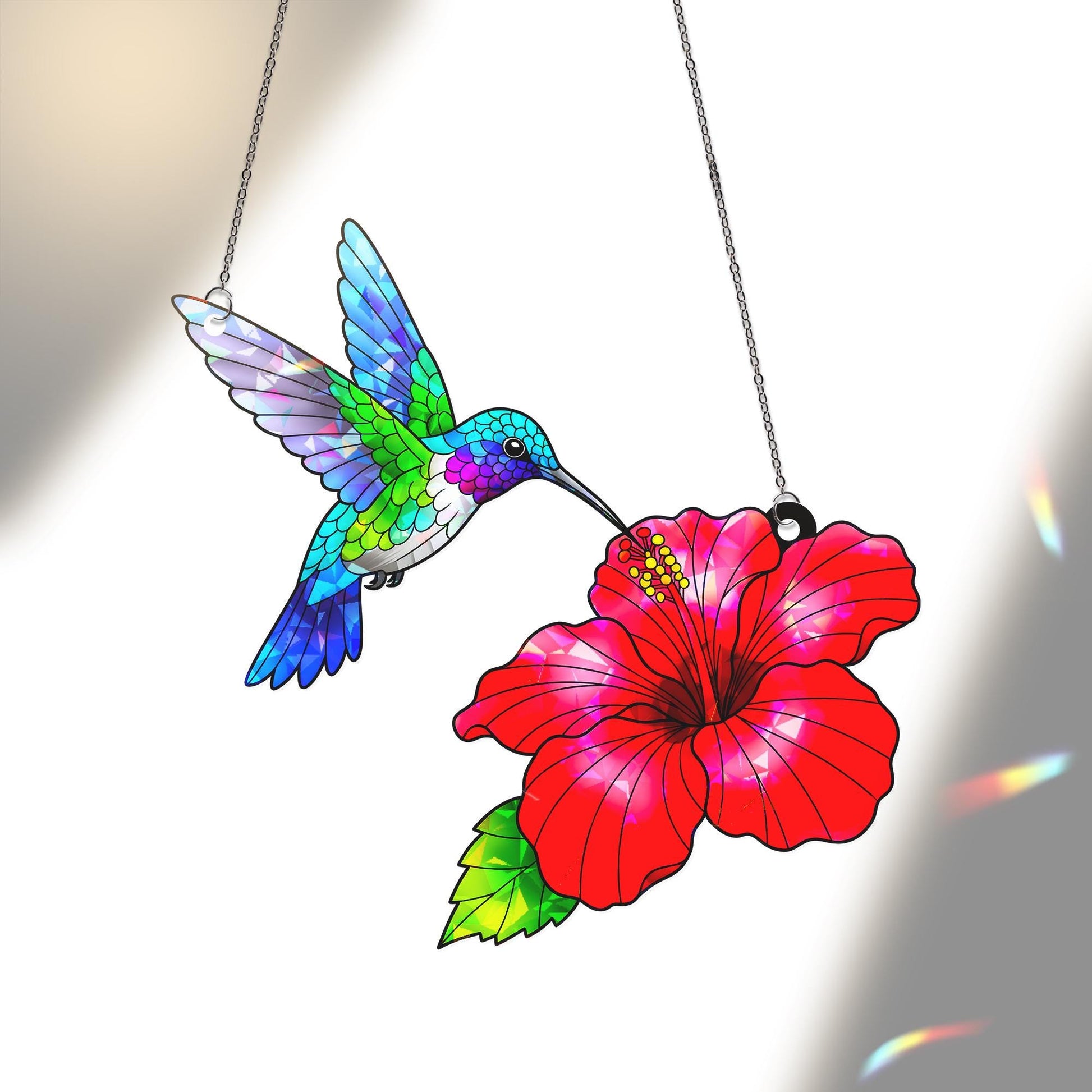 Hummingbird Hibiscus Hologram Acrylic Window Hanging Ornament, Vibrant Bird Flower Decor, Tropical Home Art Gift, Nature Lover Present