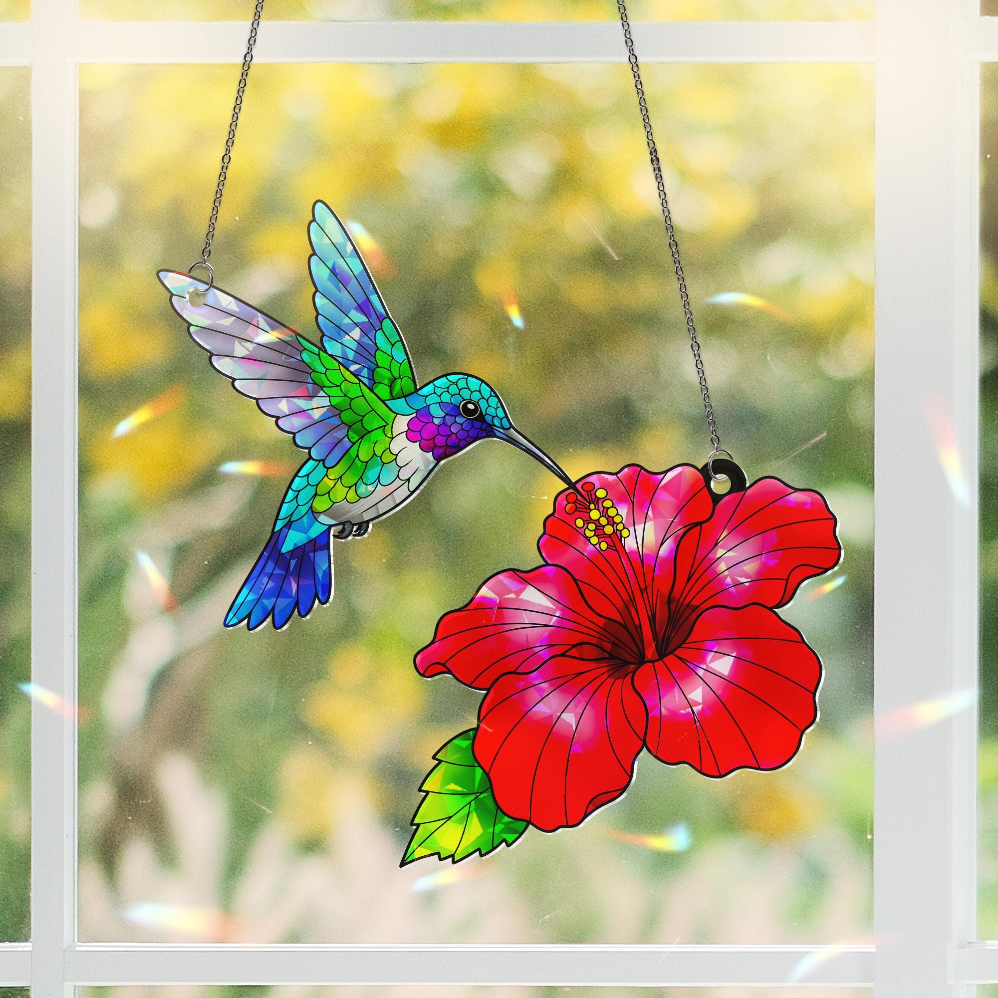 Hummingbird Hibiscus Hologram Acrylic Window Hanging Ornament, Vibrant Bird Flower Decor, Tropical Home Art Gift, Nature Lover Present