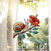 Snail and Hibiscus Flower Hologram Acrylic Window Hanging – Colorful Garden Decor, Nature-Inspired Window Ornament, Floral Lover Gift