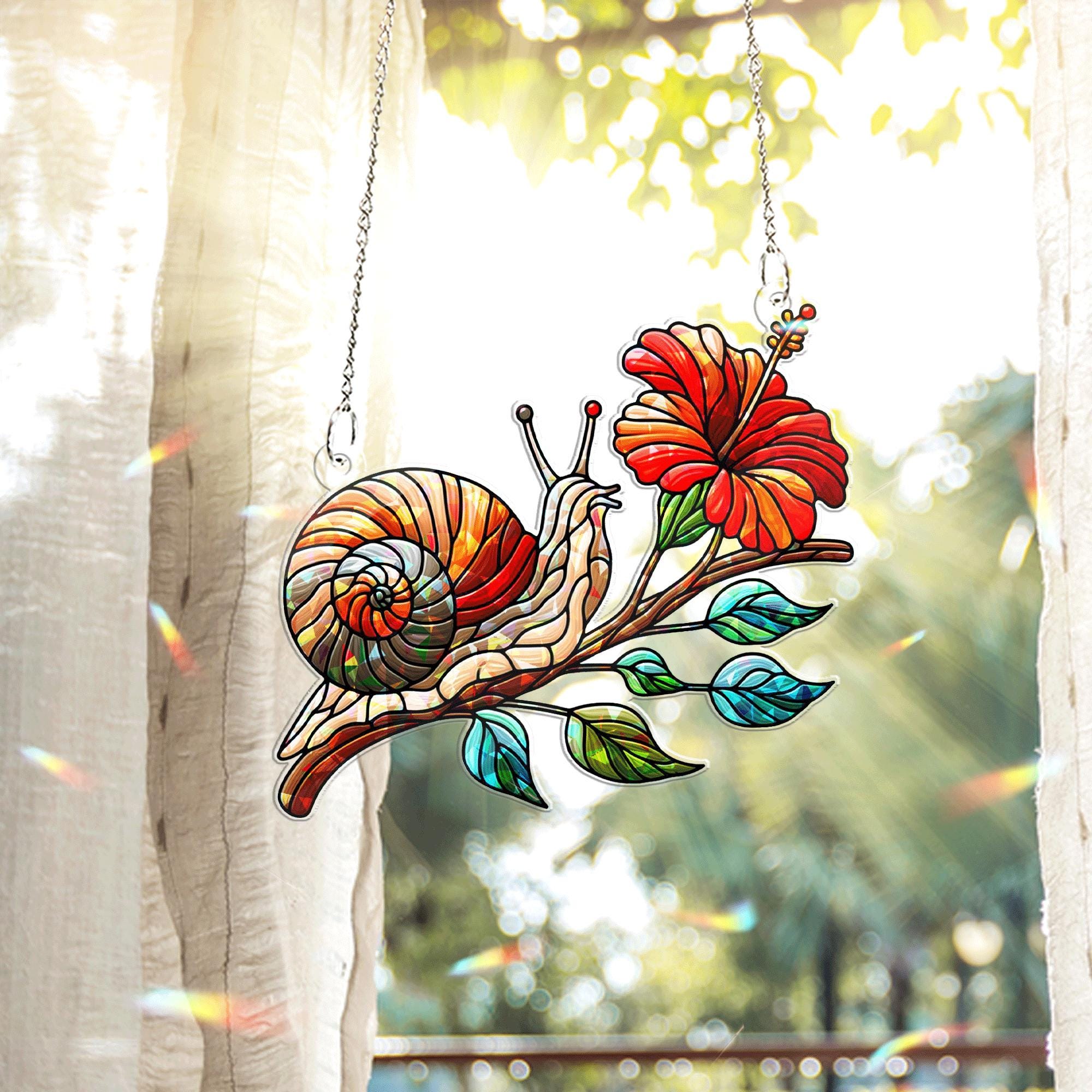 Snail and Hibiscus Flower Hologram Acrylic Window Hanging – Colorful Garden Decor, Nature-Inspired Window Ornament, Floral Lover Gift