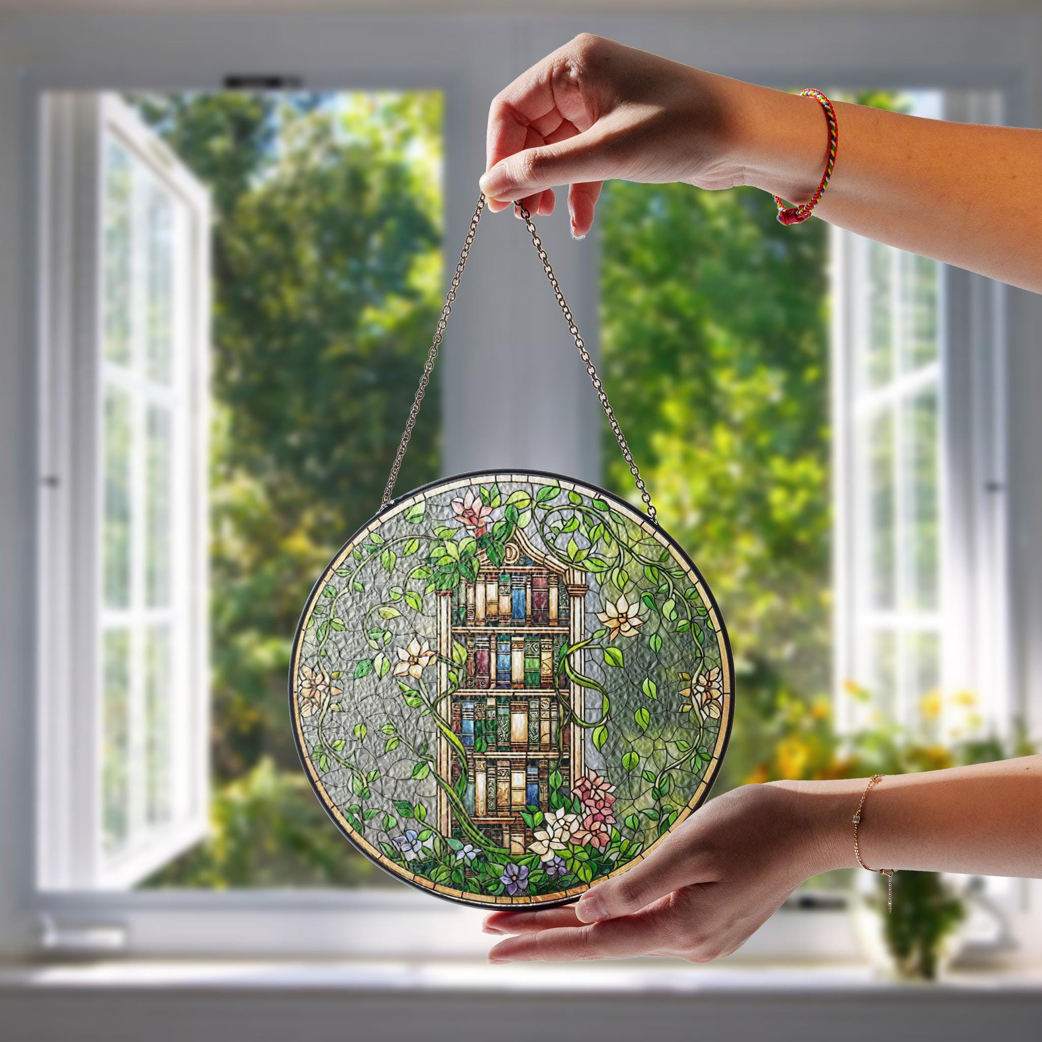 Bookshelf with Ivy & Flowers Glass Suncatcher – Literary Garden Decor – Mother’s Day Gift – Book Lover Window Art