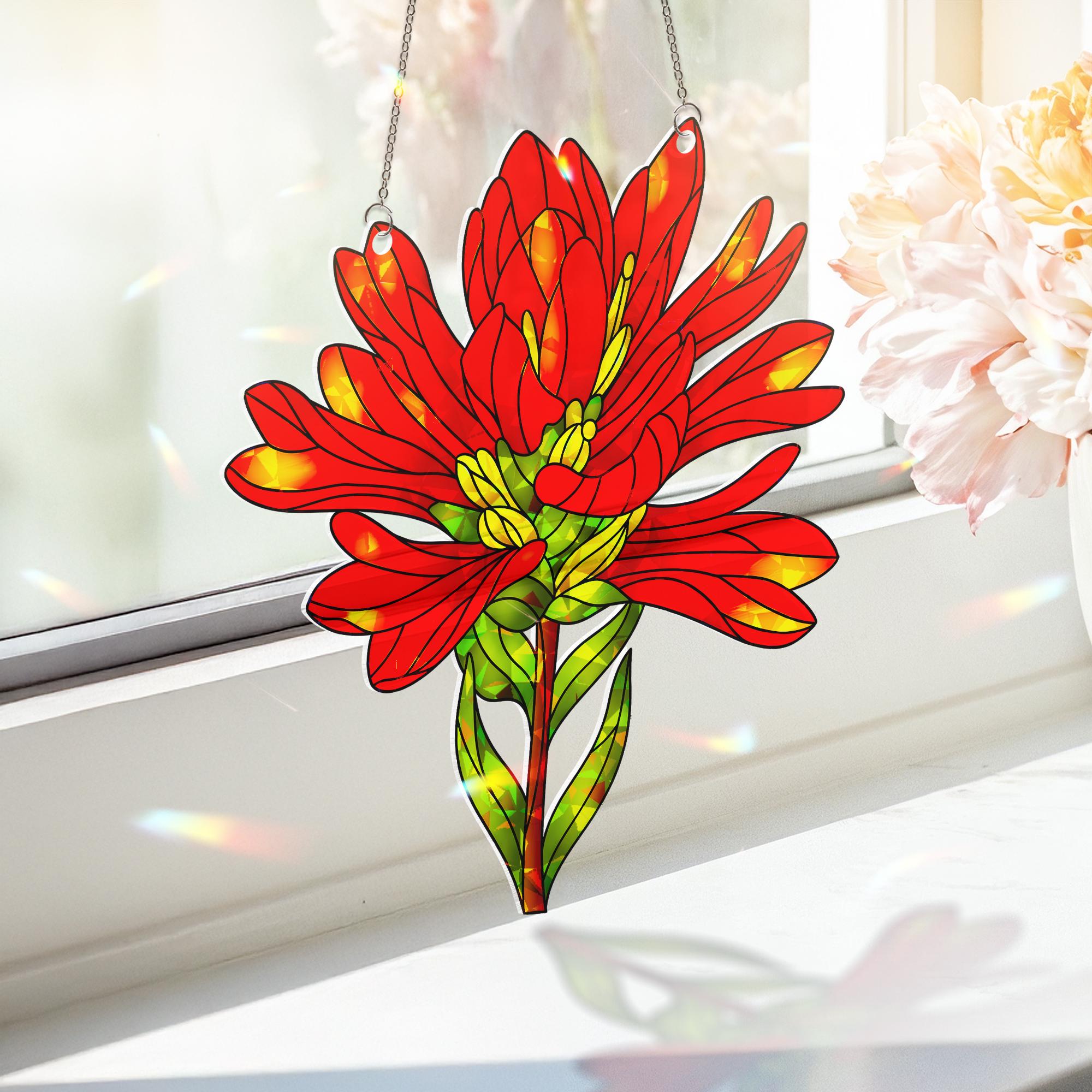 Indian Paintbrush Red Flower Hologram Acrylic Window Hanging Ornament, Bright Floral Home Decor, Nature Lover Gift, Floral Lover