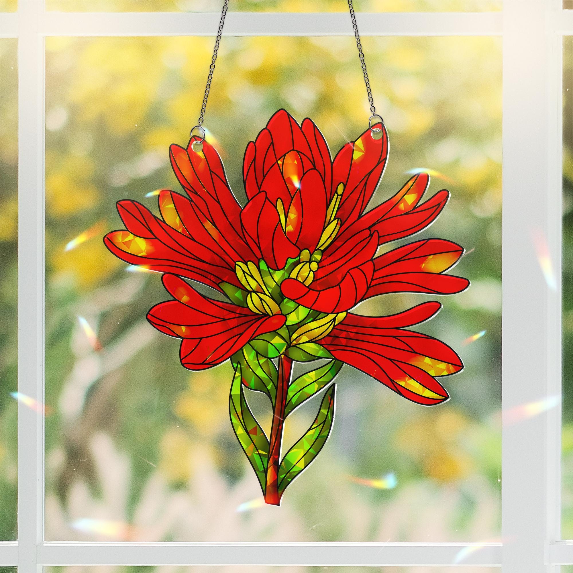 Indian Paintbrush Red Flower Hologram Acrylic Window Hanging Ornament, Bright Floral Home Decor, Nature Lover Gift, Floral Lover