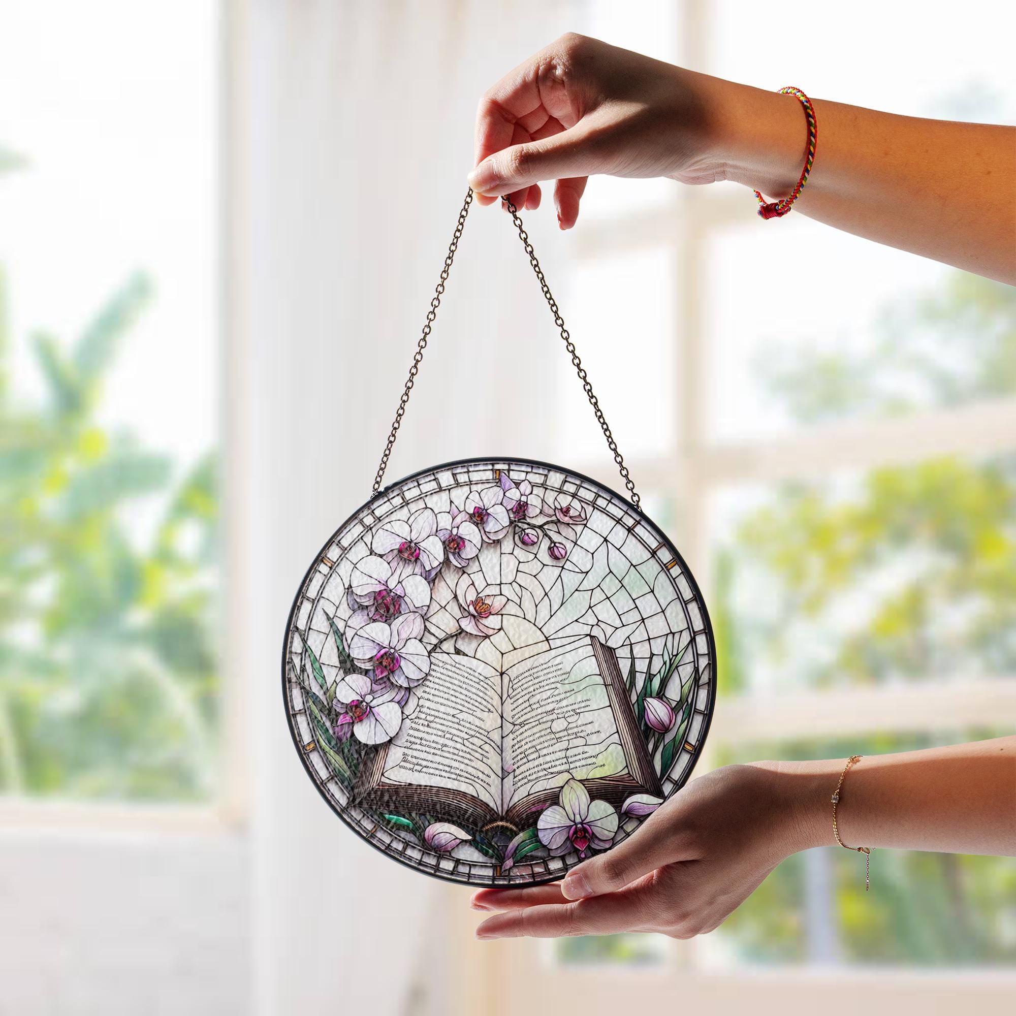 Book with Orchid Petals Glass Suncatcher – Literary Floral Decor – Mother’s Day Gift – Book Lover Window Art