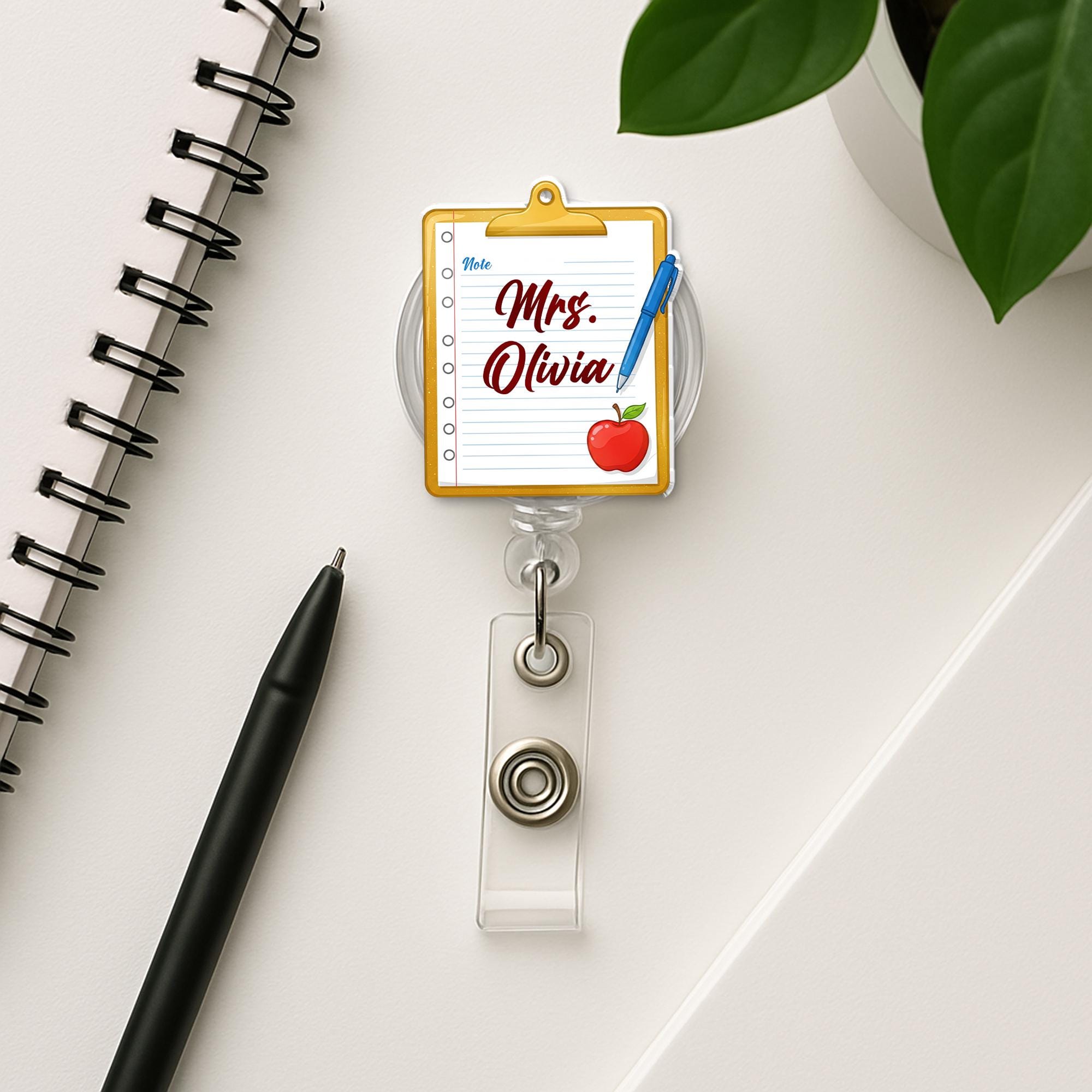 Personalized Teacher Badge Reel, Custom Name ID Holder with Notepad and Apple Design, Badge Clip for School and Office, Teacher Appreciation