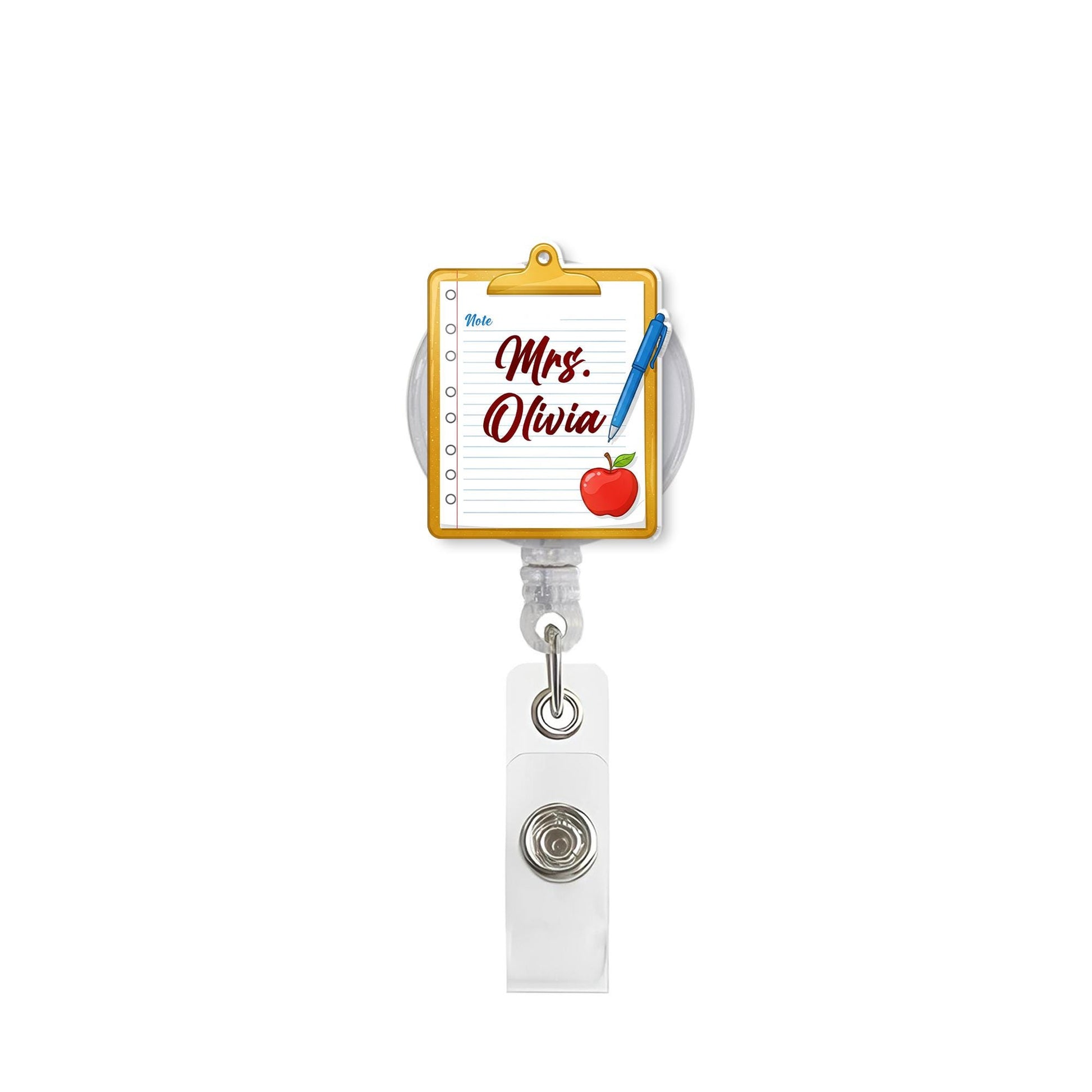 Personalized Teacher Badge Reel, Custom Name ID Holder with Notepad and Apple Design, Badge Clip for School and Office, Teacher Appreciation